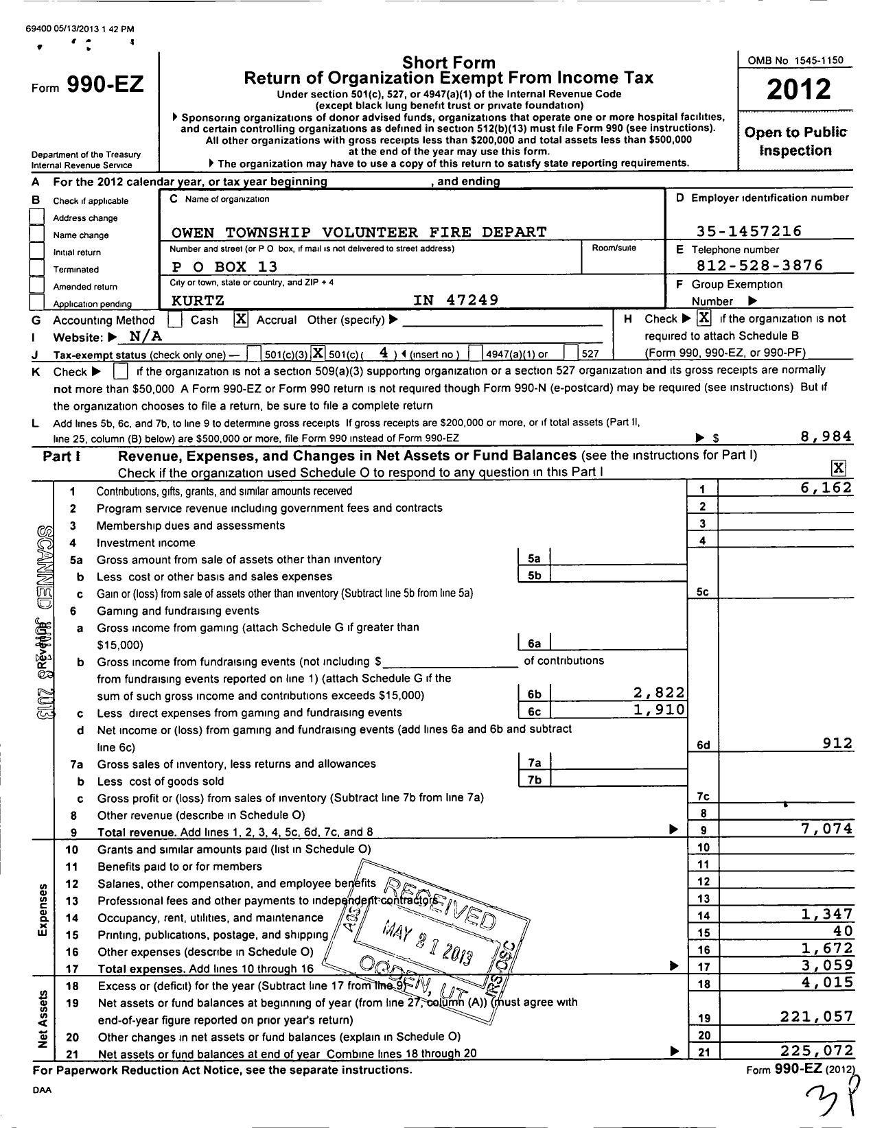 Image of first page of 2012 Form 990EO for Owen Township Volunteer Fire Dept