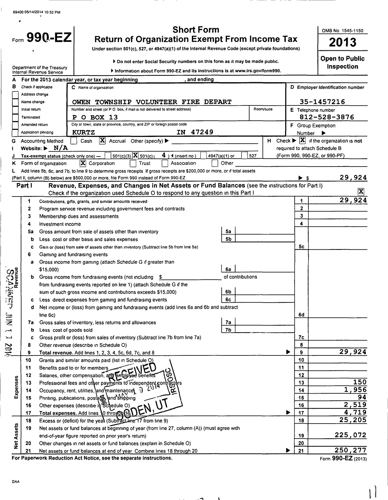 Image of first page of 2013 Form 990EO for Owen Township Volunteer Fire Dept