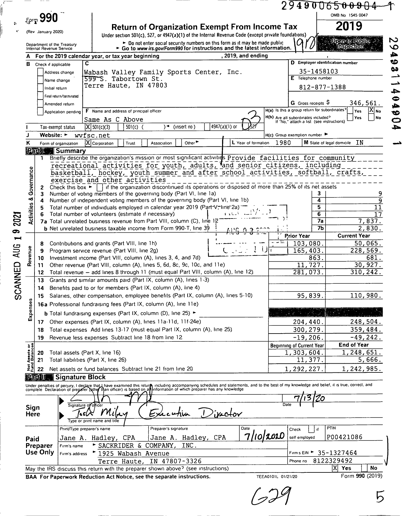 Image of first page of 2019 Form 990 for Wabash Valley Family Sports Center