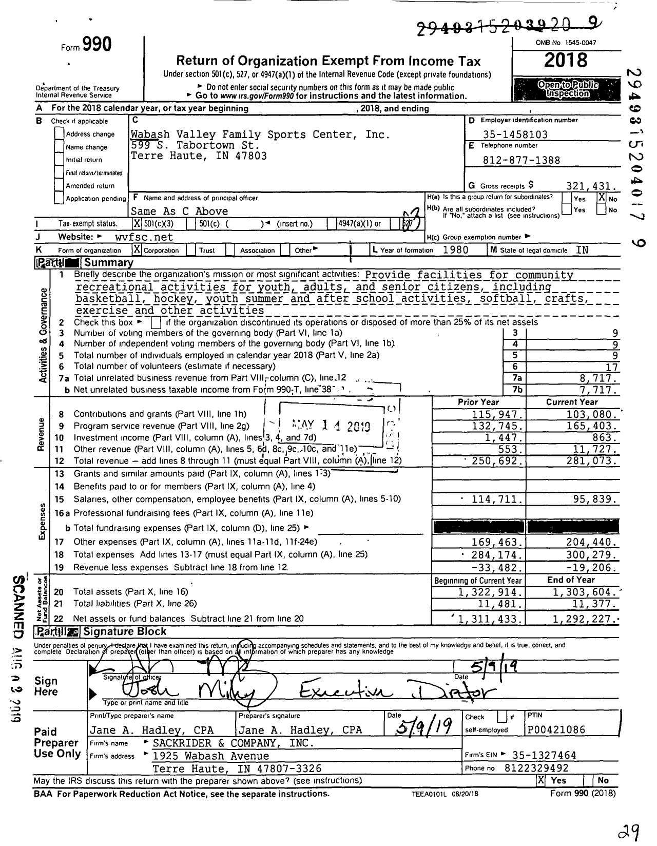 Image of first page of 2018 Form 990 for Wabash Valley Family Sports Center