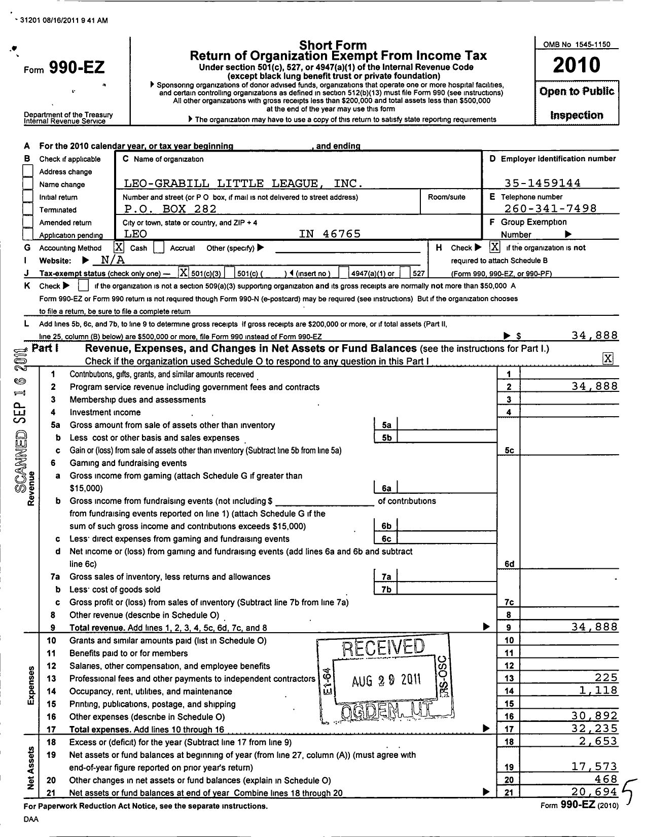 Image of first page of 2010 Form 990EZ for Little League Baseball - 1141019 Leo-Grabill LL