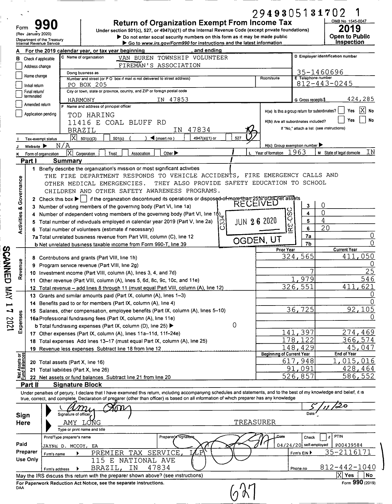 Image of first page of 2019 Form 990 for Van Buren Township of Clay County Volunteer Fire Department