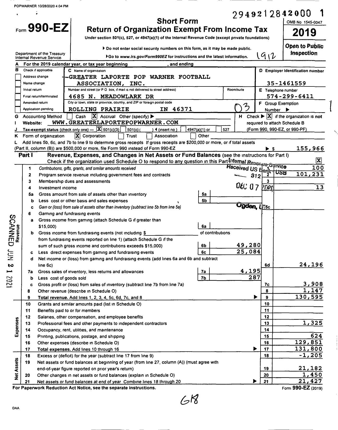 Image of first page of 2019 Form 990EZ for Greater Laporte Pop Warner Football Association