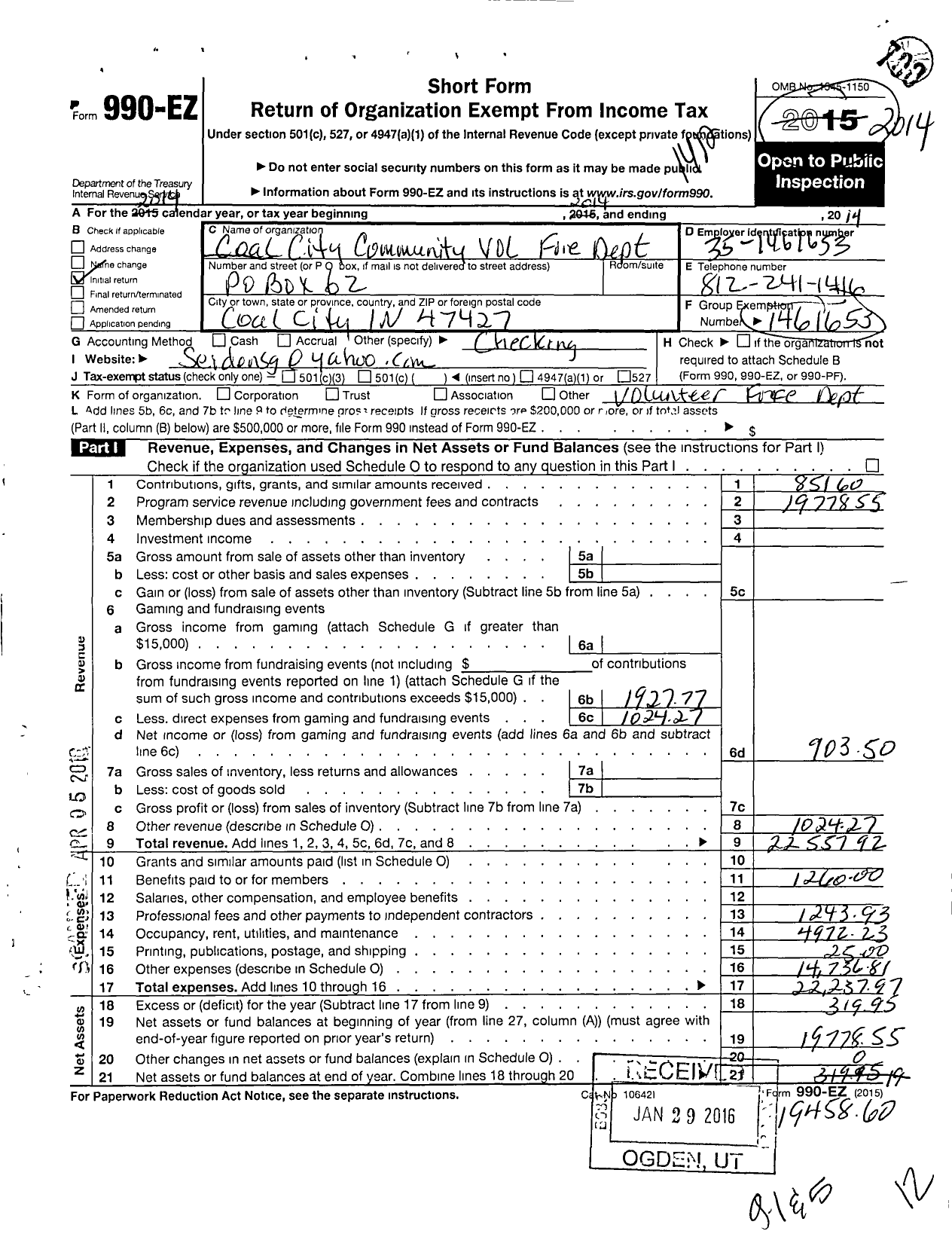 Image of first page of 2014 Form 990EO for Coal City Community Volunteer Fire Dept