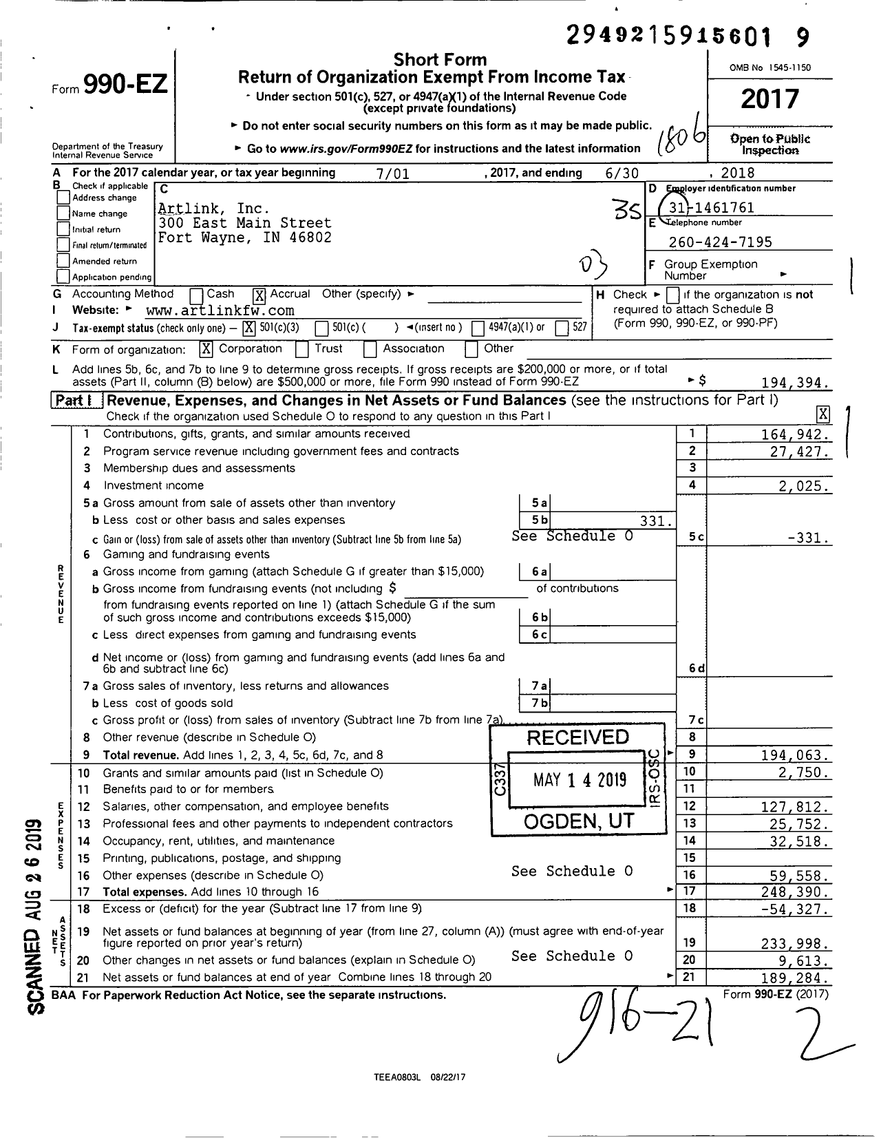 Image of first page of 2017 Form 990EZ for Artlink