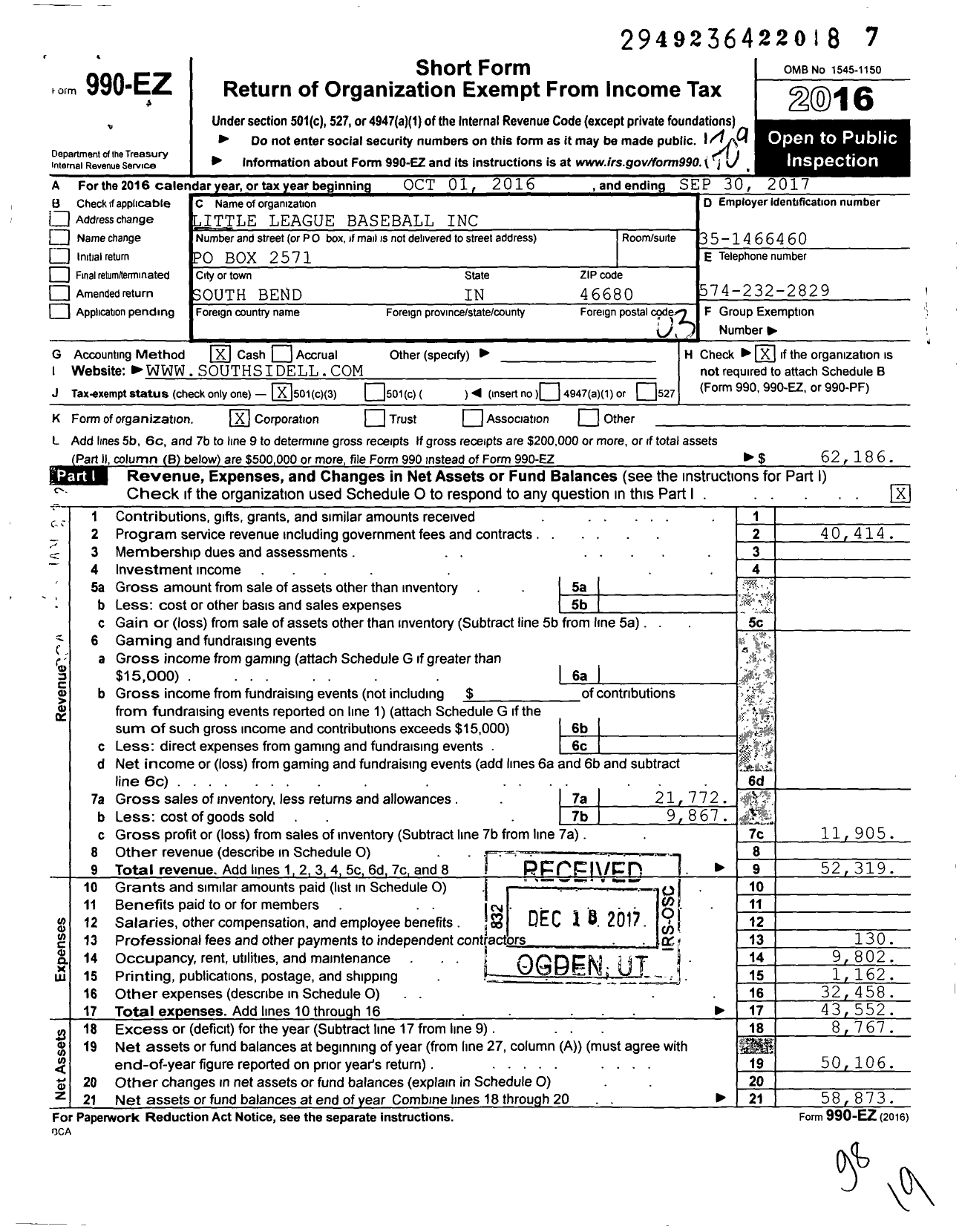 Image of first page of 2016 Form 990EZ for Little League Baseball - Southside Little League