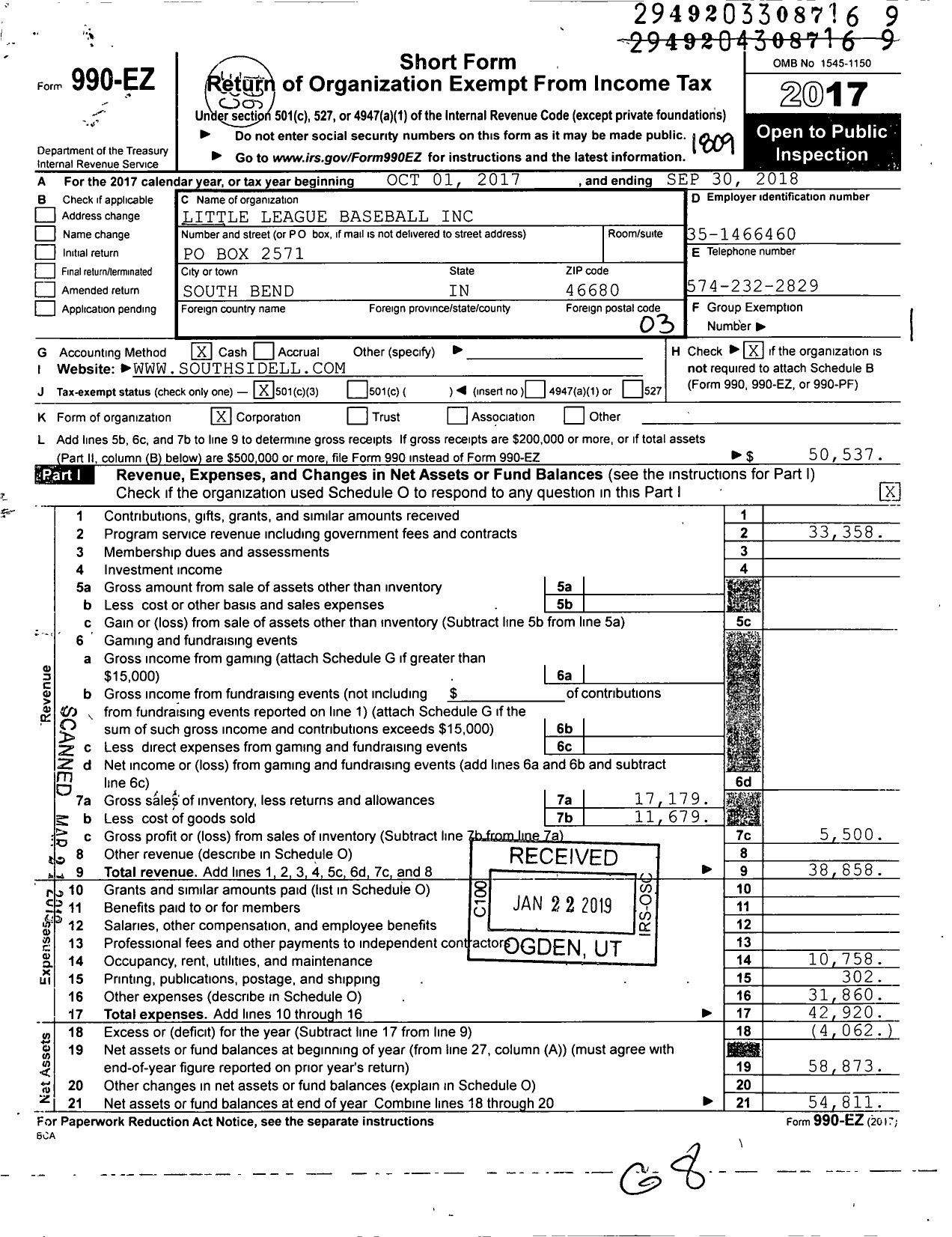 Image of first page of 2017 Form 990EZ for Little League Baseball - Southside Little League