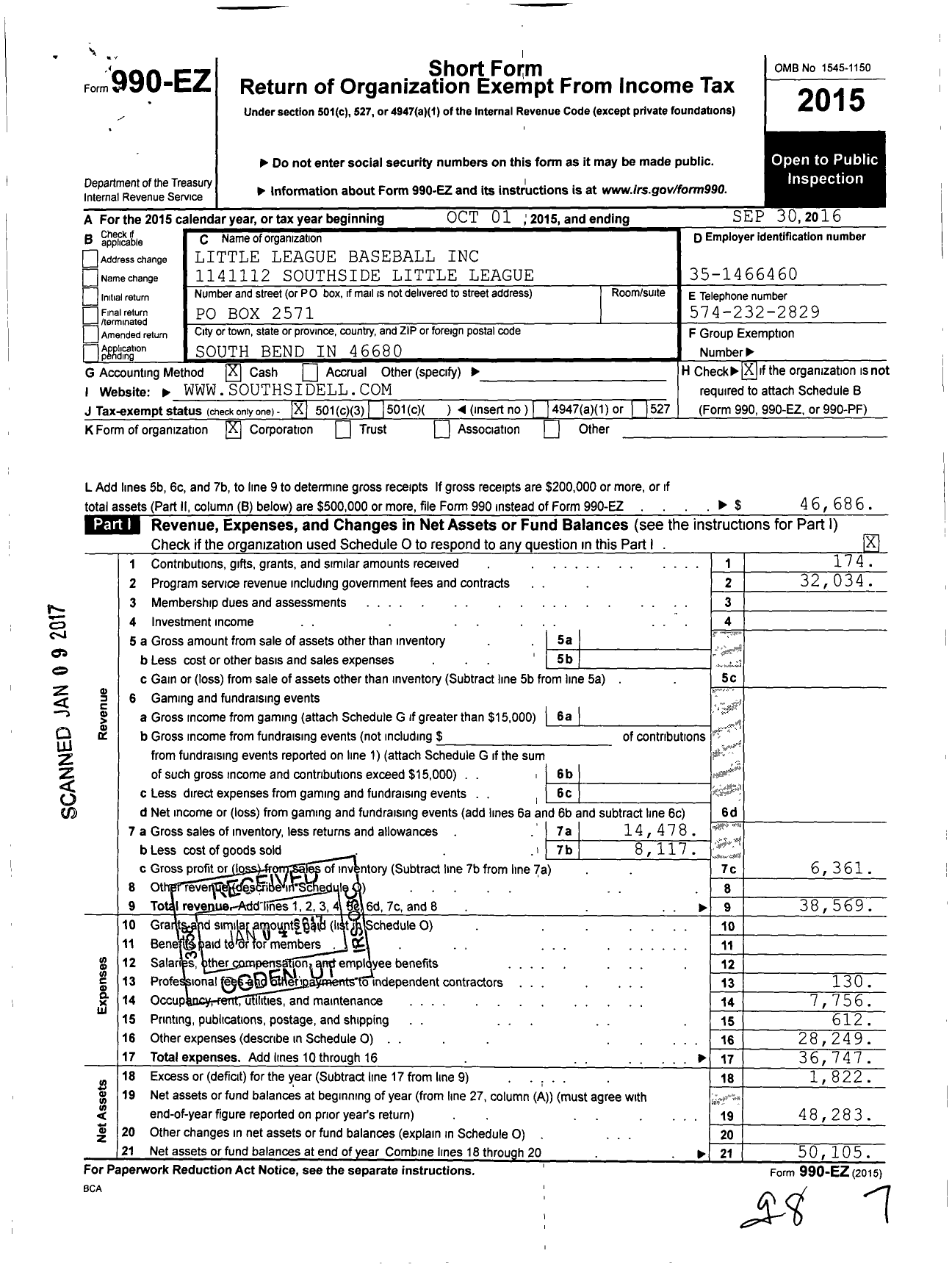 Image of first page of 2015 Form 990EZ for Little League Baseball - Southside Little League