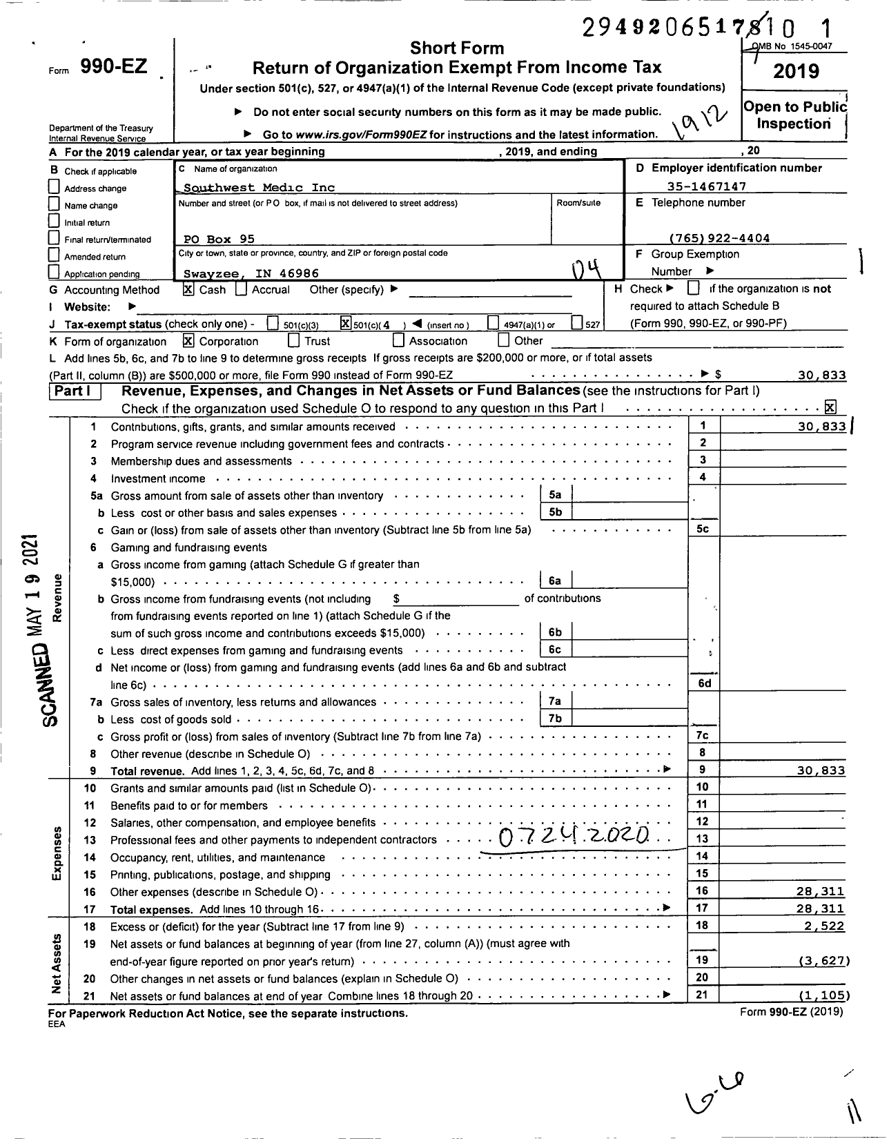 Image of first page of 2019 Form 990EO for Southwest Medic