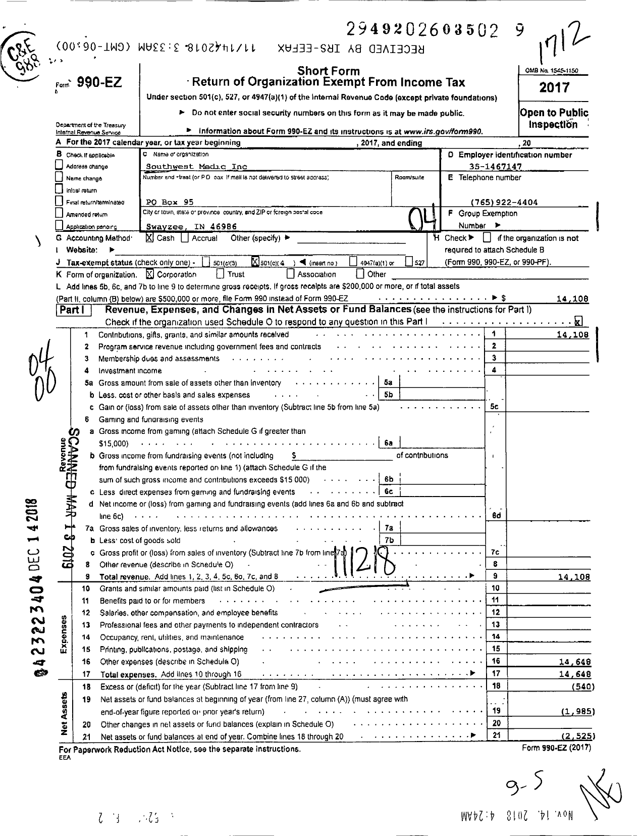 Image of first page of 2017 Form 990EO for Southwest Medic