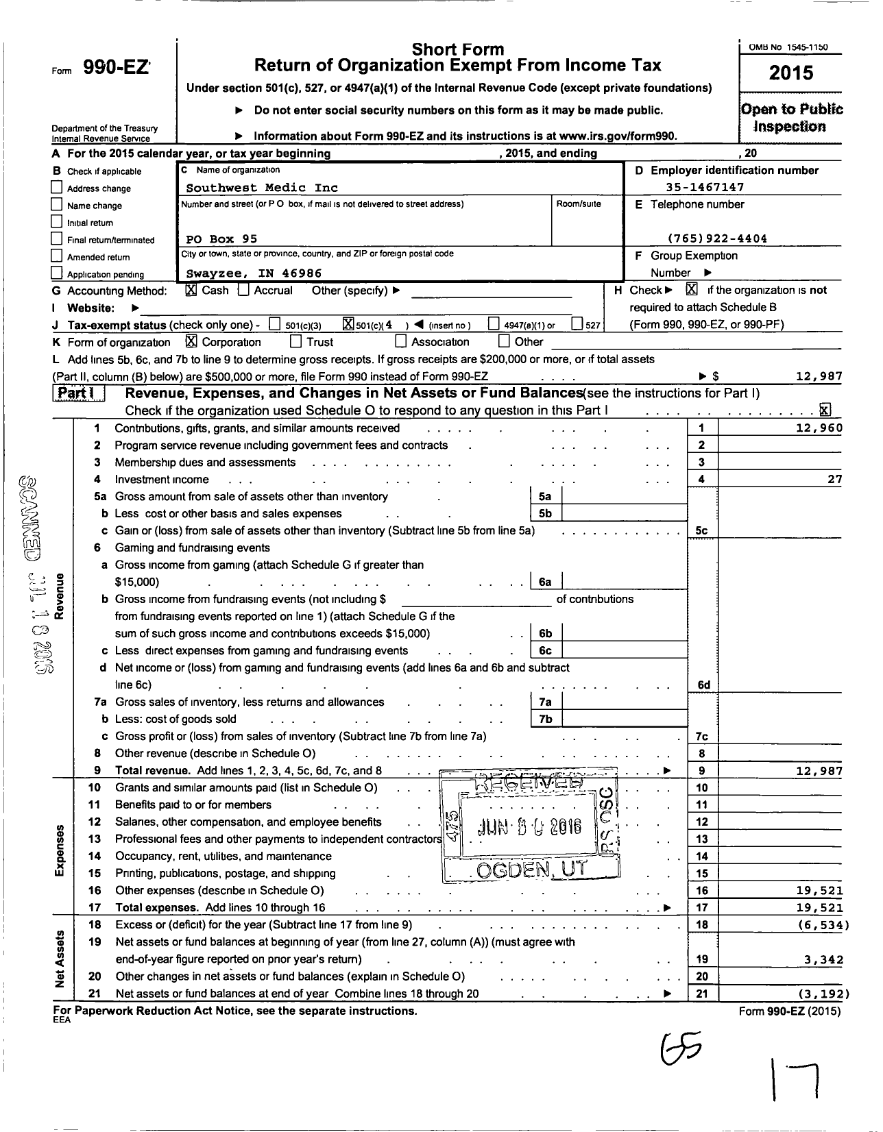 Image of first page of 2015 Form 990EO for Southwest Medic