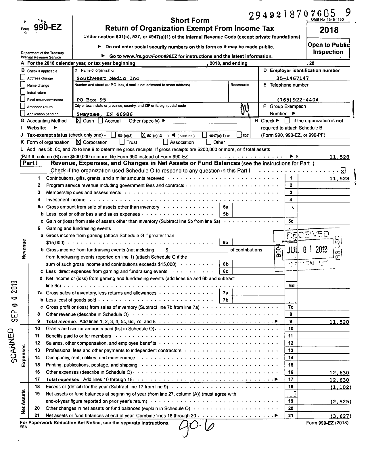 Image of first page of 2018 Form 990EO for Southwest Medic