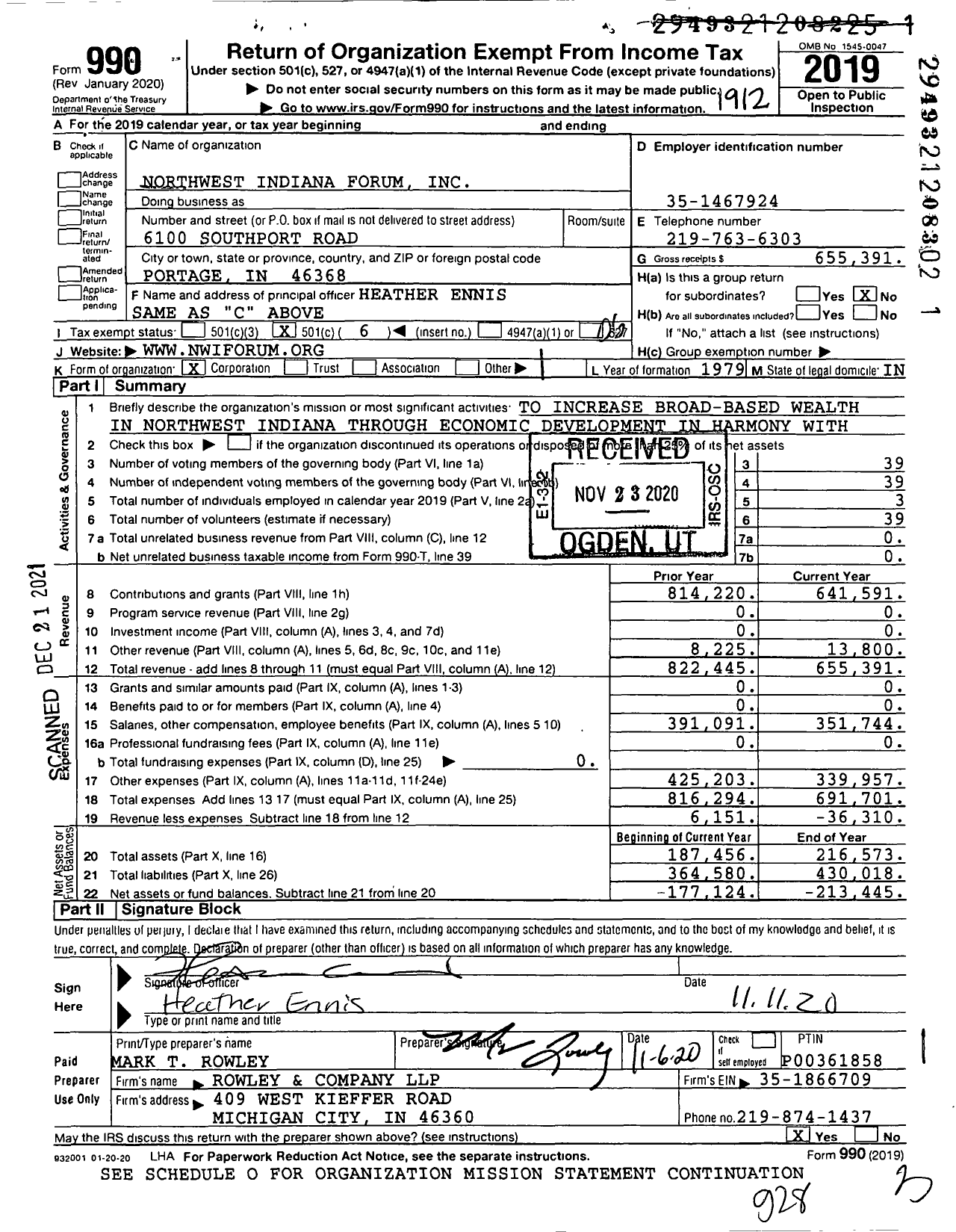 Image of first page of 2019 Form 990O for Northwest Indiana Forum