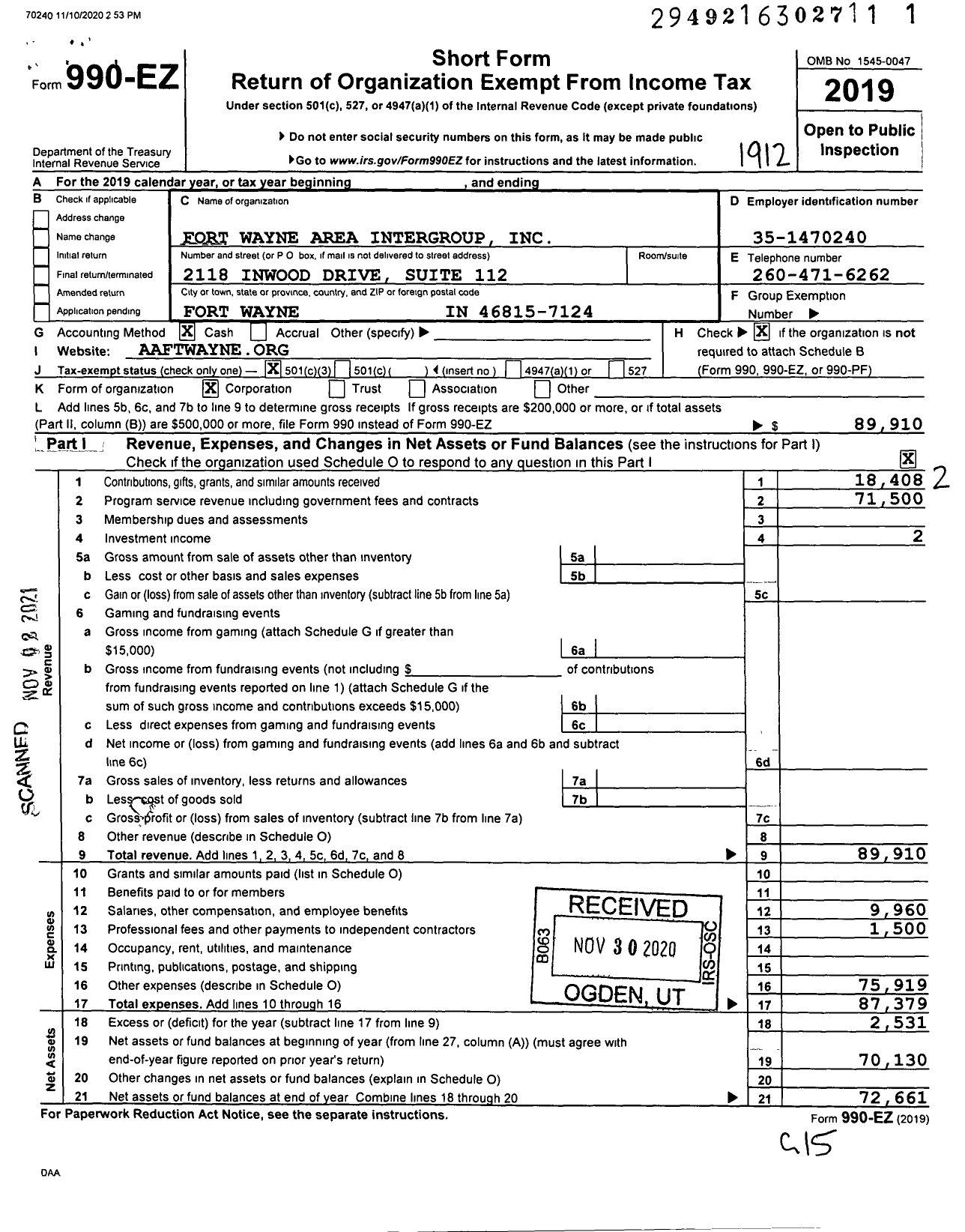 Image of first page of 2019 Form 990EZ for Fort Wayne Area Intergroup