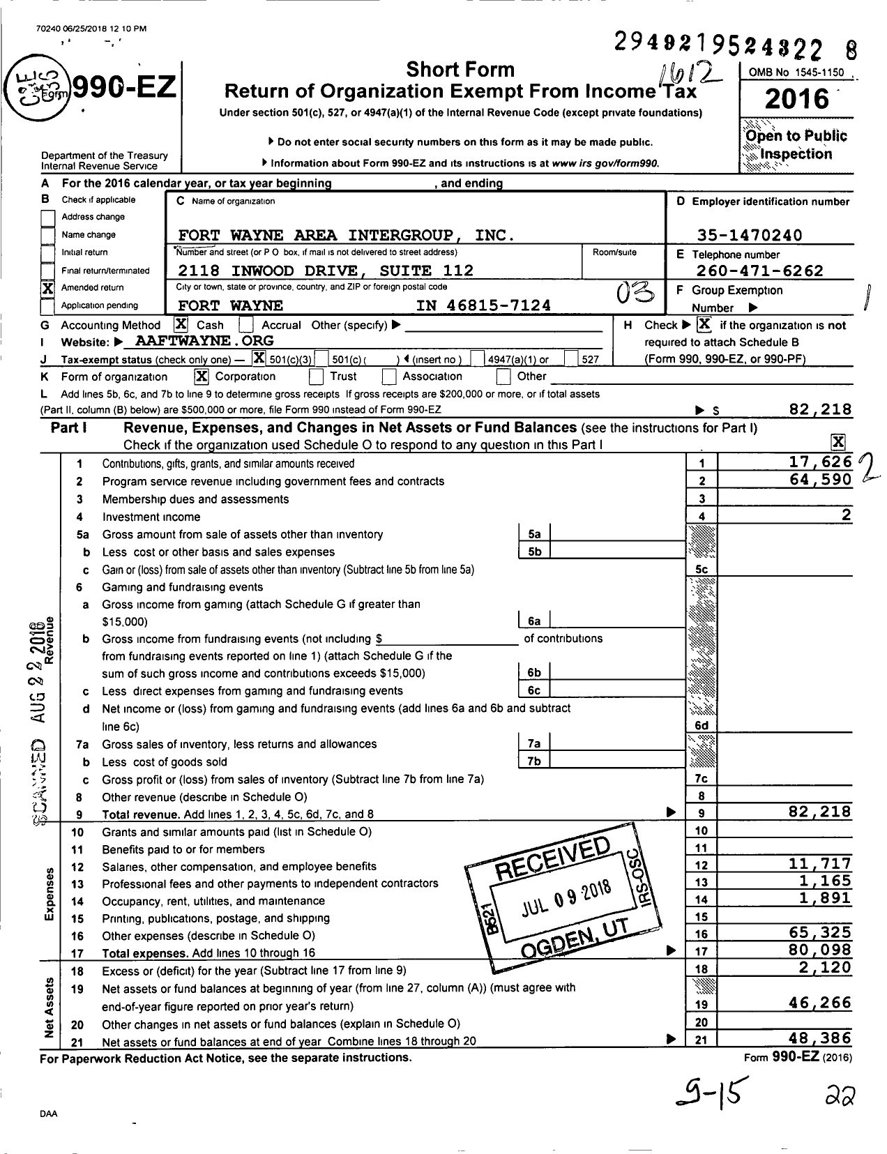 Image of first page of 2016 Form 990EZ for Fort Wayne Area Intergroup