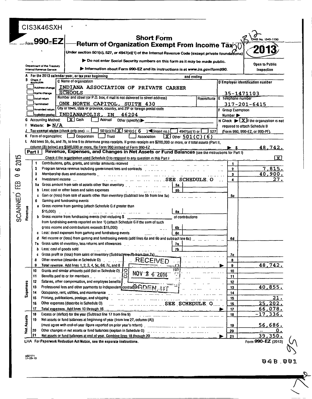 Image of first page of 2013 Form 990EO for Indiana Association of Private Schools