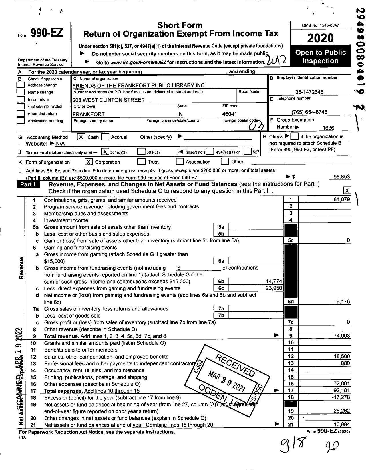 Image of first page of 2020 Form 990EZ for Friends of the Frankfort Public Library