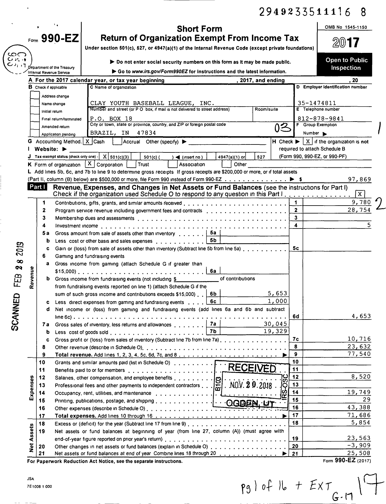 Image of first page of 2017 Form 990EZ for Clay Youth Baseball League