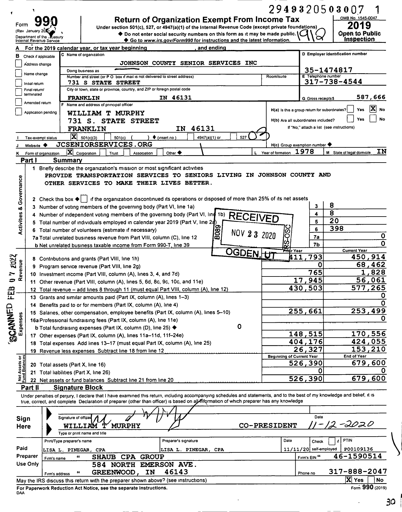 Image of first page of 2019 Form 990 for Johnson County Senior Services