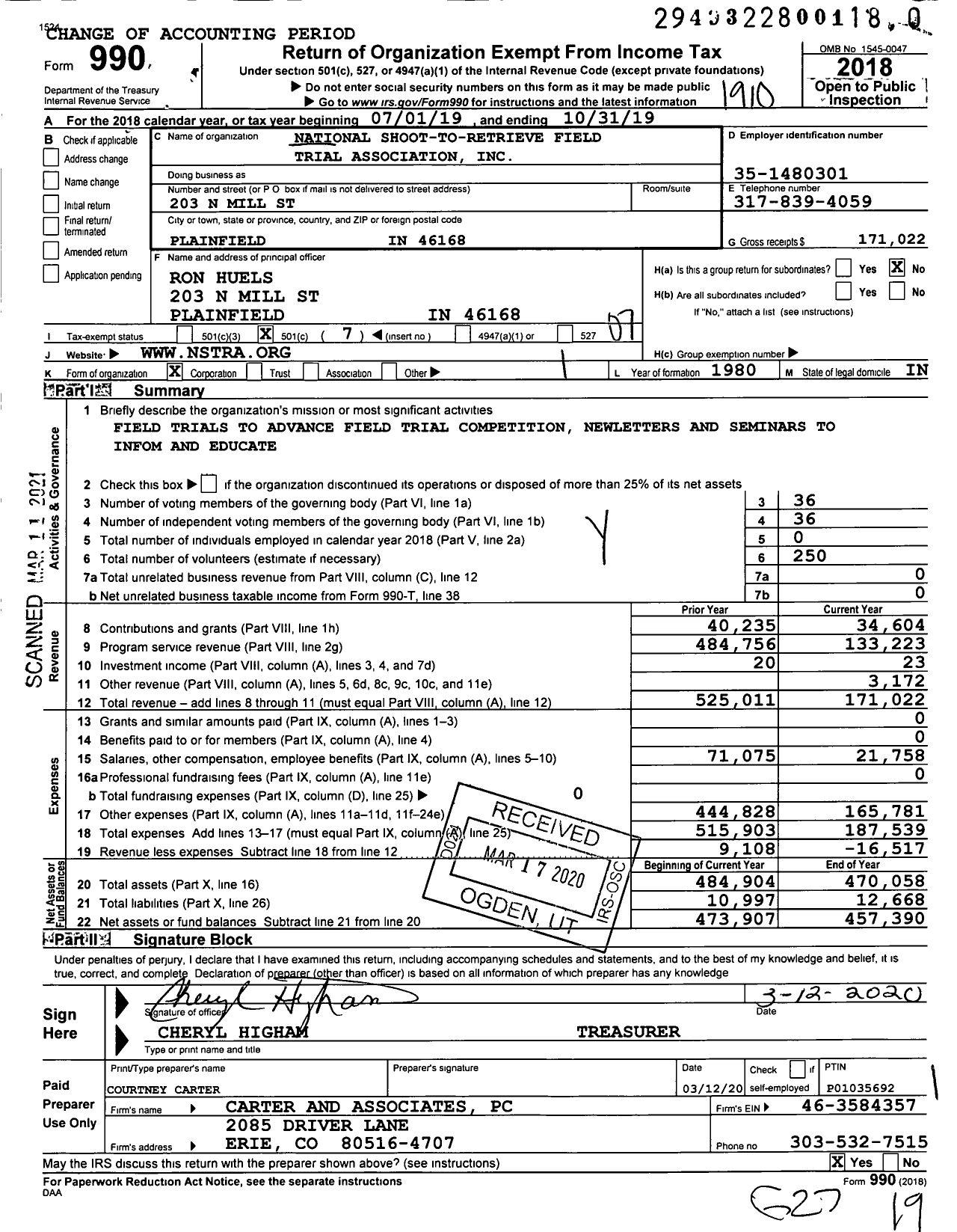 Image of first page of 2018 Form 990O for National Shoot-To Retrieve Field Trial Association