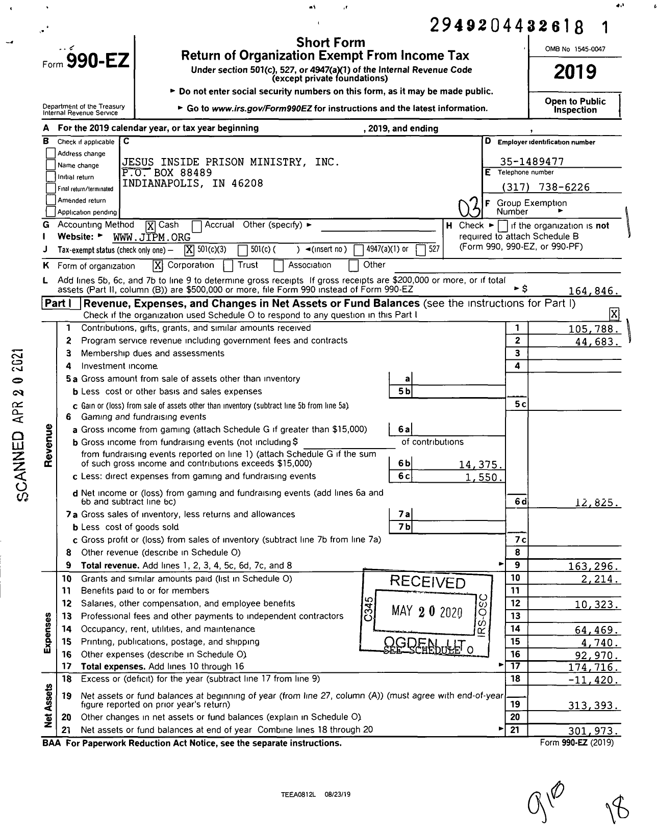 Image of first page of 2019 Form 990EZ for Jesus Inside Prison Ministry