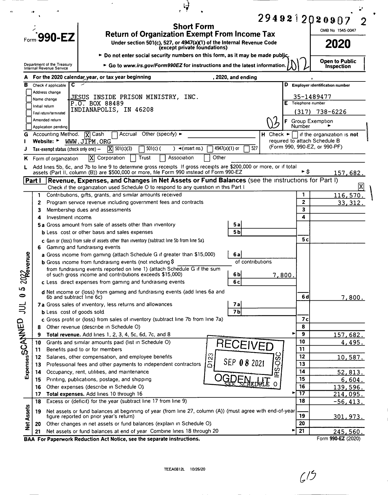 Image of first page of 2020 Form 990EZ for Jesus Inside Prison Ministry