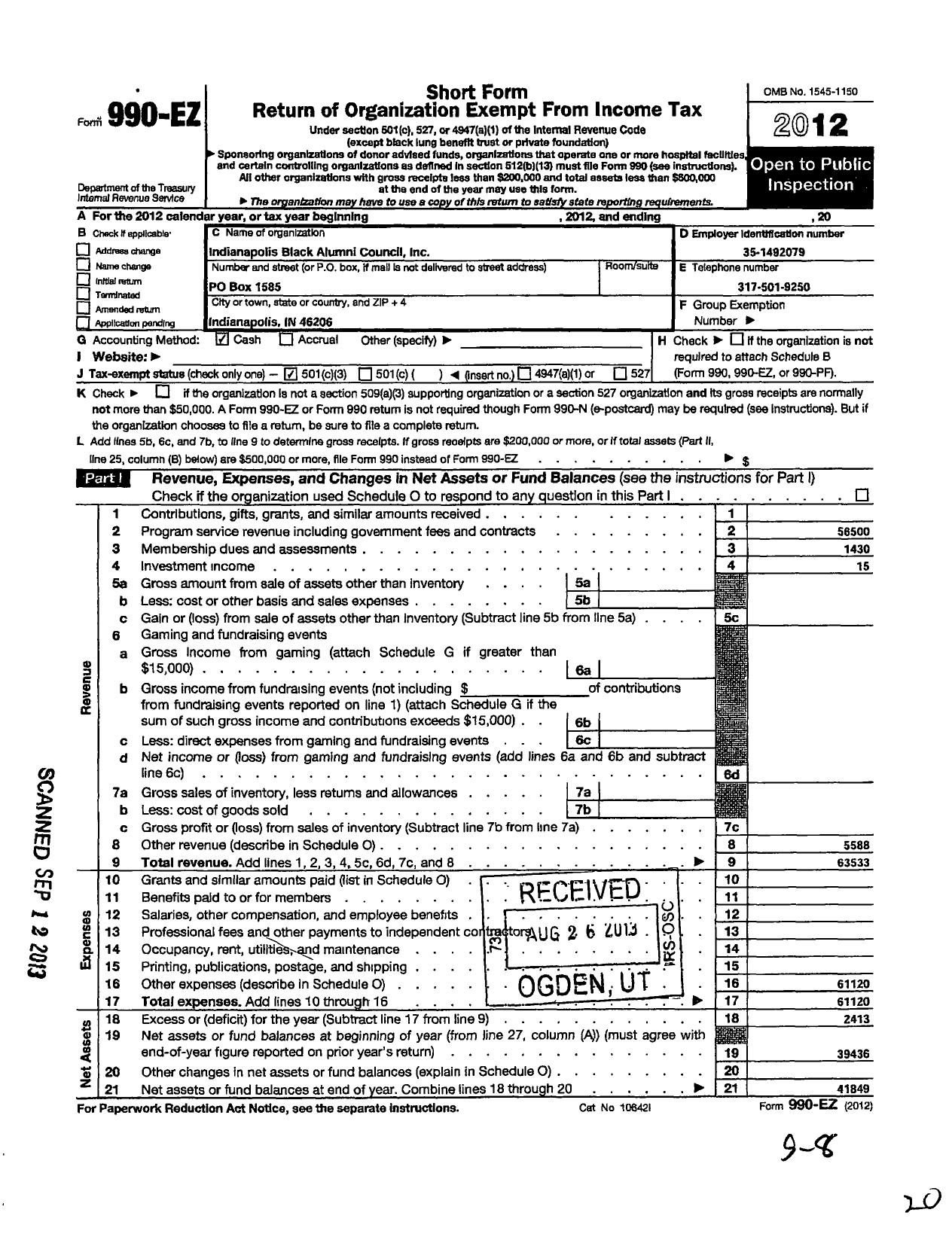 Image of first page of 2012 Form 990EZ for Indianapolis Black Alumni Council