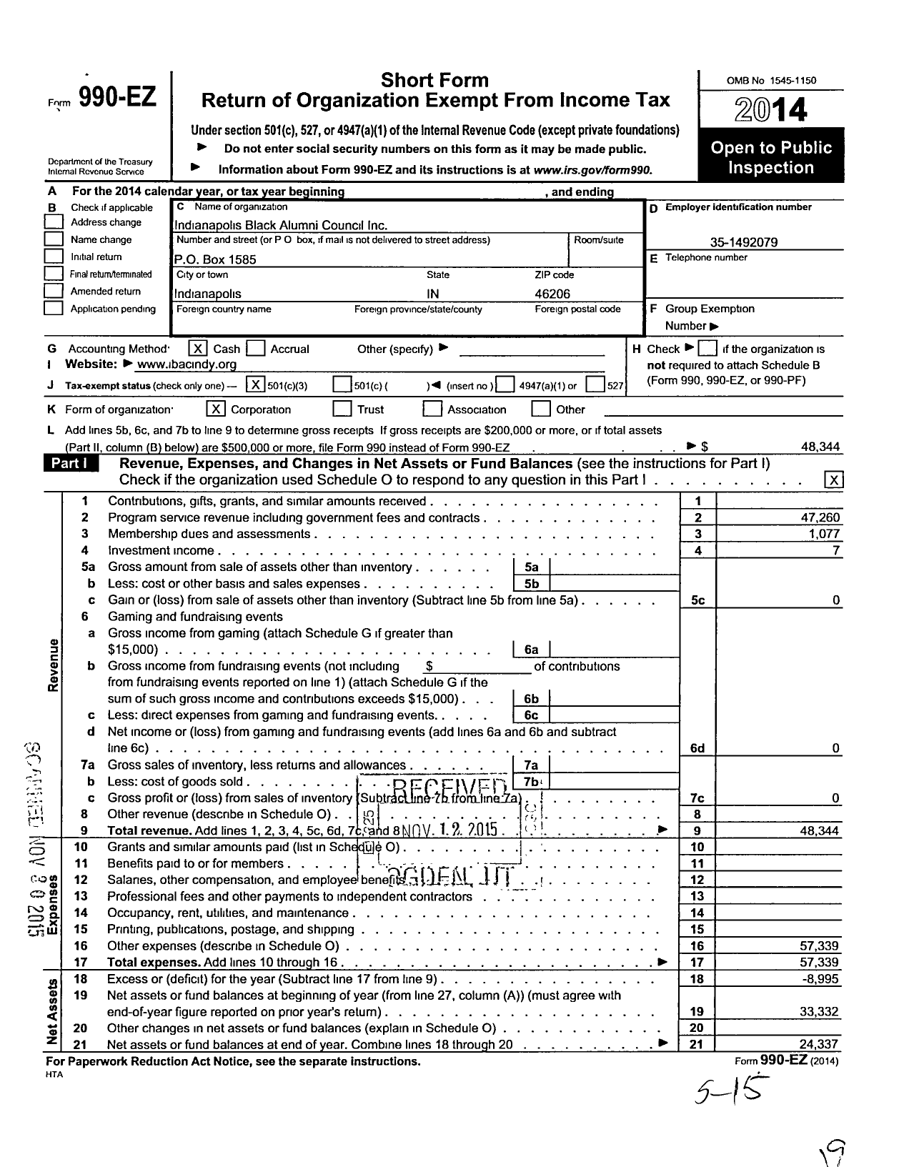 Image of first page of 2014 Form 990EZ for Indianapolis Black Alumni Council