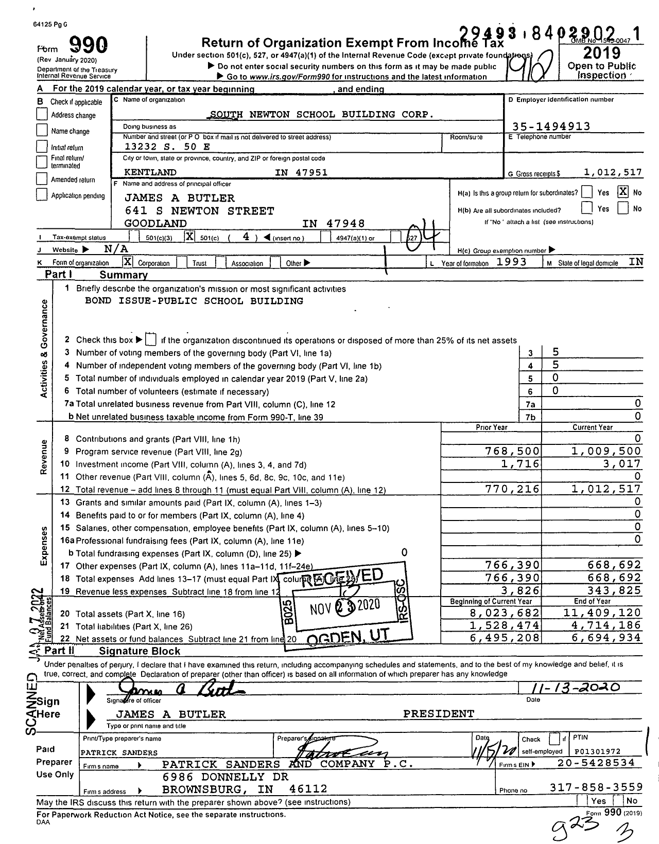 Image of first page of 2019 Form 990O for South Newton School Building Corporation
