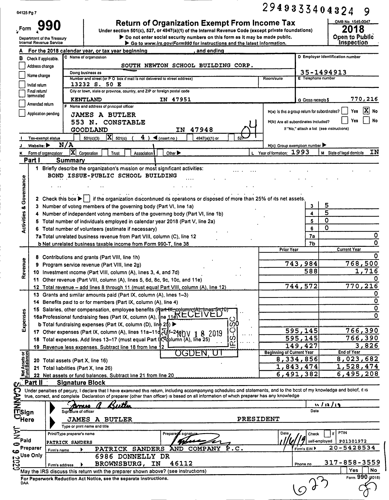 Image of first page of 2018 Form 990O for South Newton School Building Corporation