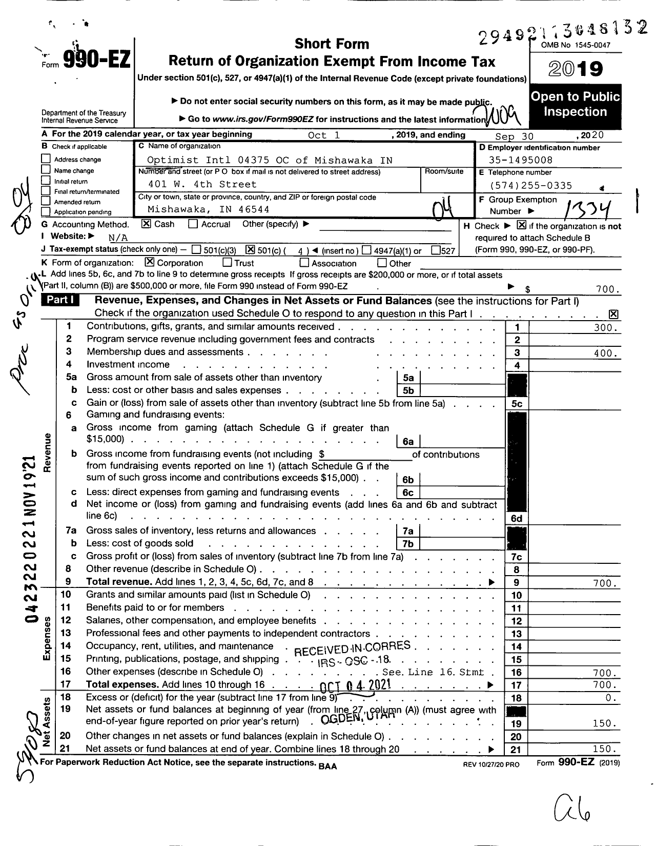 Image of first page of 2019 Form 990EO for Optimist International - 04375 OC of Mishawaka IN