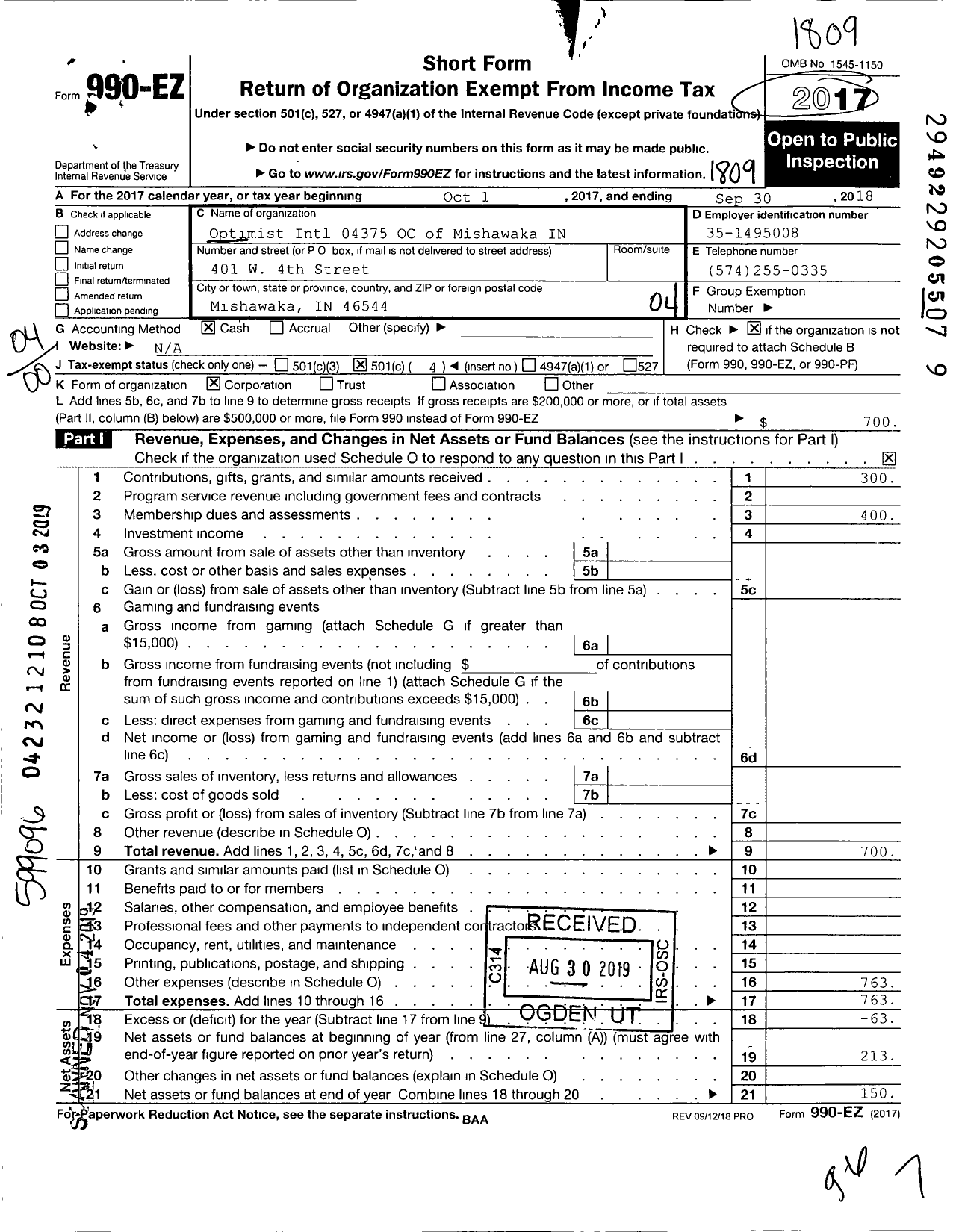 Image of first page of 2017 Form 990EO for Optimist International - 04375 OC of Mishawaka IN