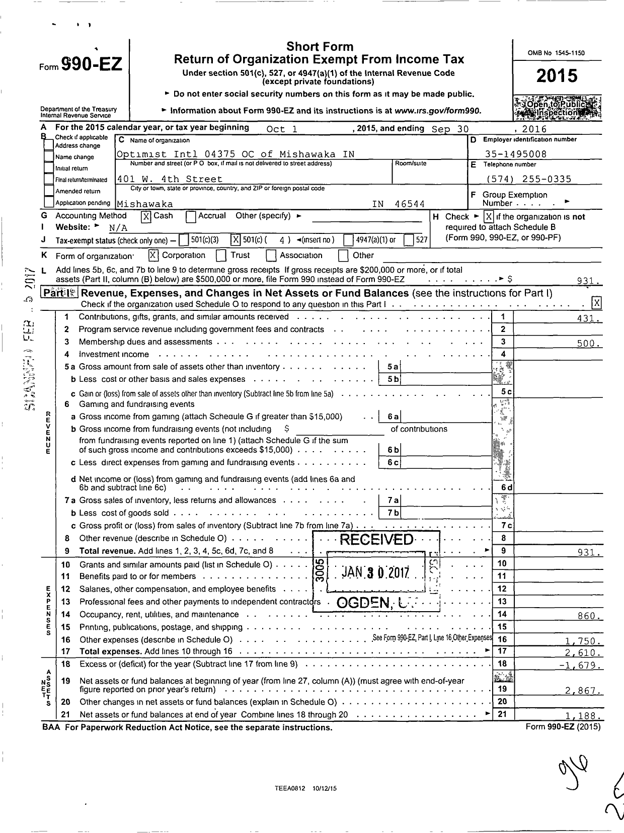 Image of first page of 2015 Form 990EO for Optimist International - 04375 OC of Mishawaka IN