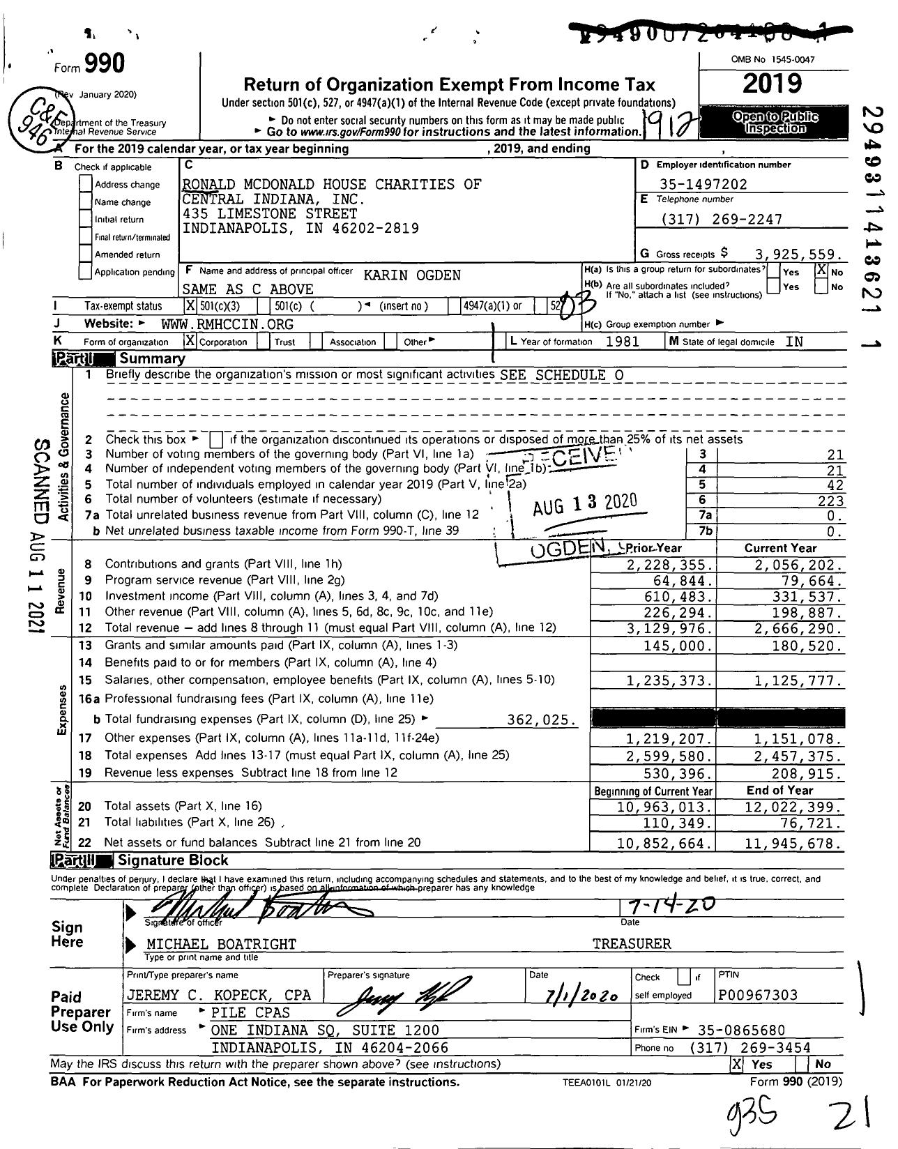 Image of first page of 2019 Form 990 for Ronald Mcdonald House Charities of Central Indiana