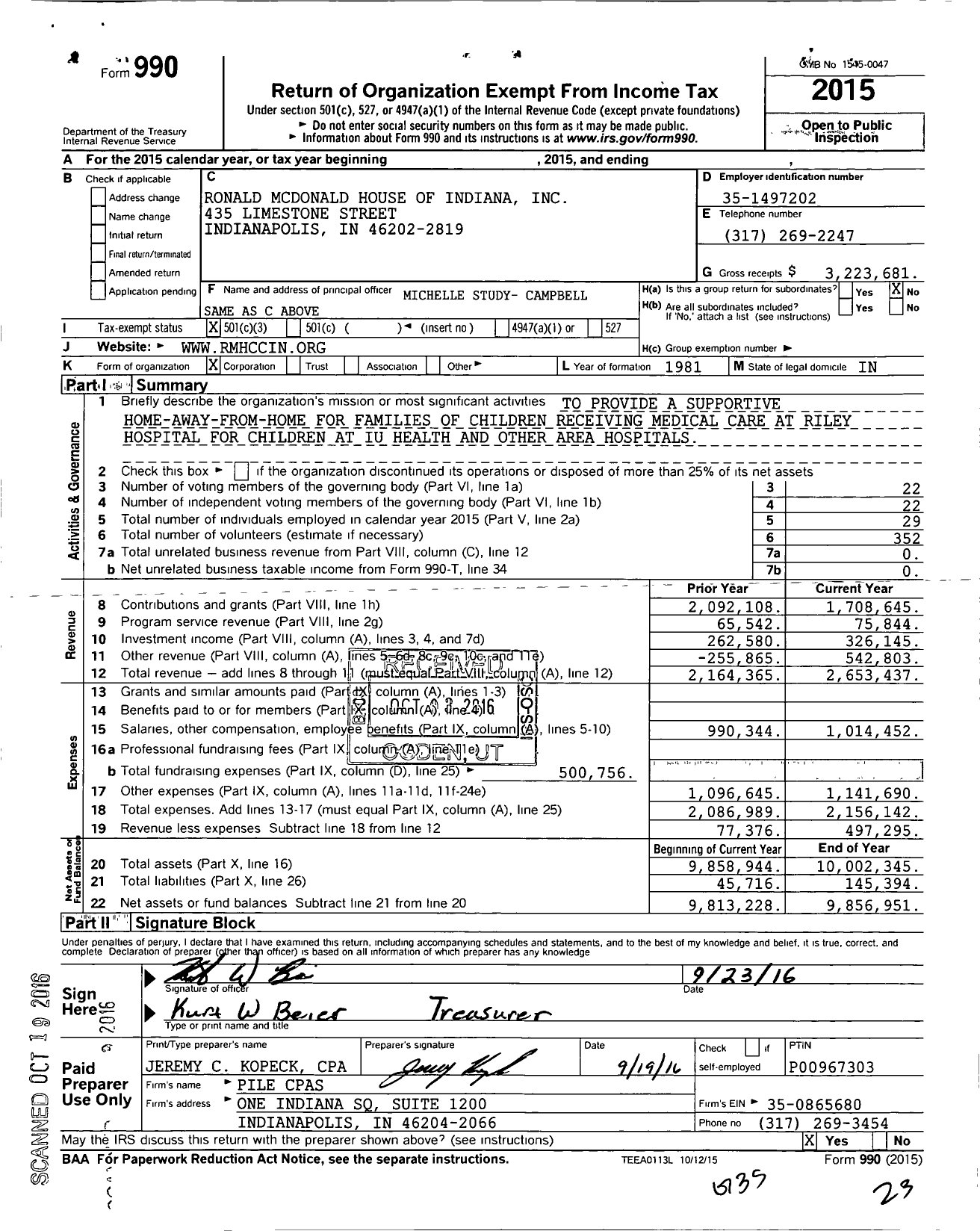 Image of first page of 2015 Form 990 for Ronald Mcdonald House Charities of Central Indiana