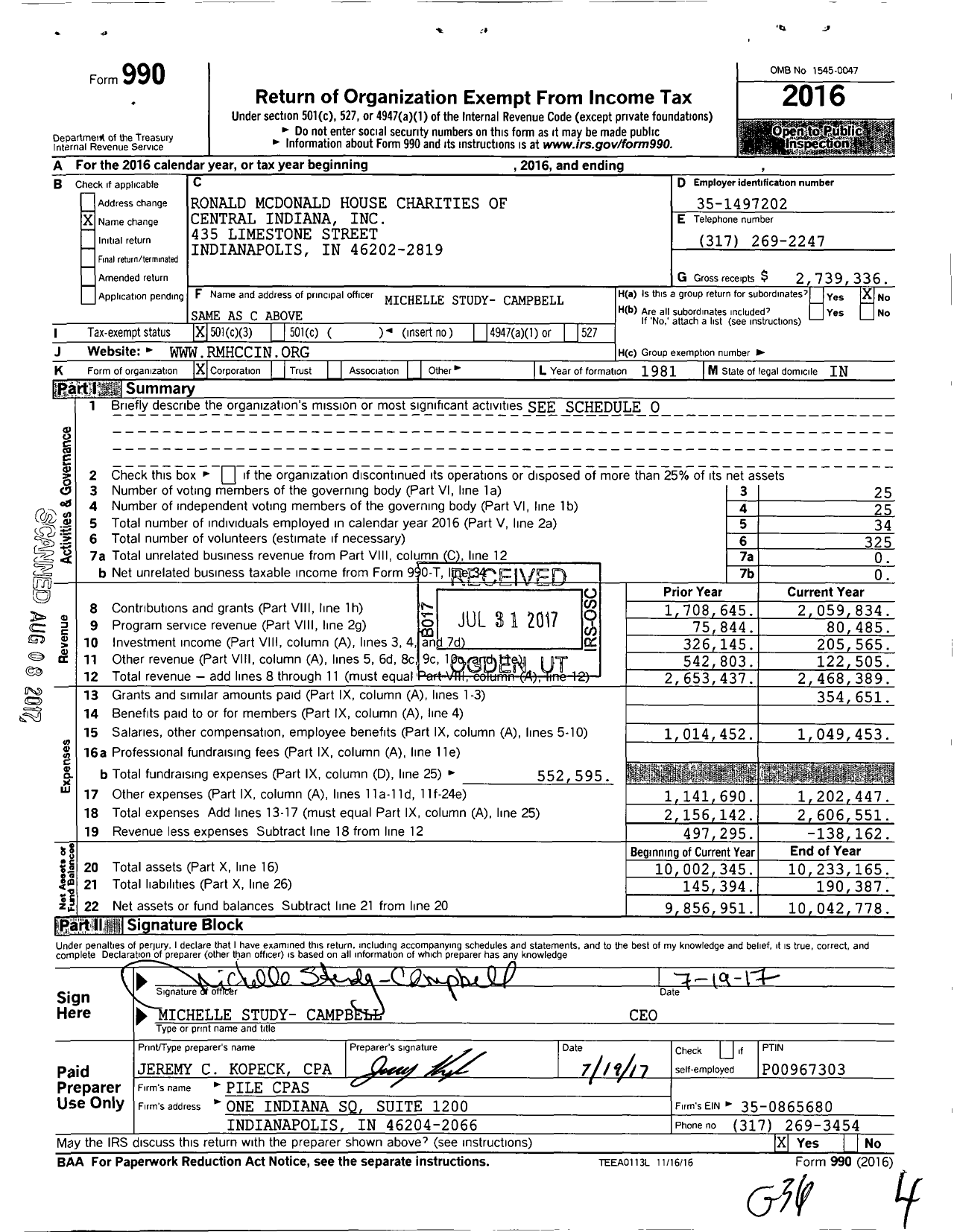 Image of first page of 2016 Form 990 for Ronald Mcdonald House Charities of Central Indiana