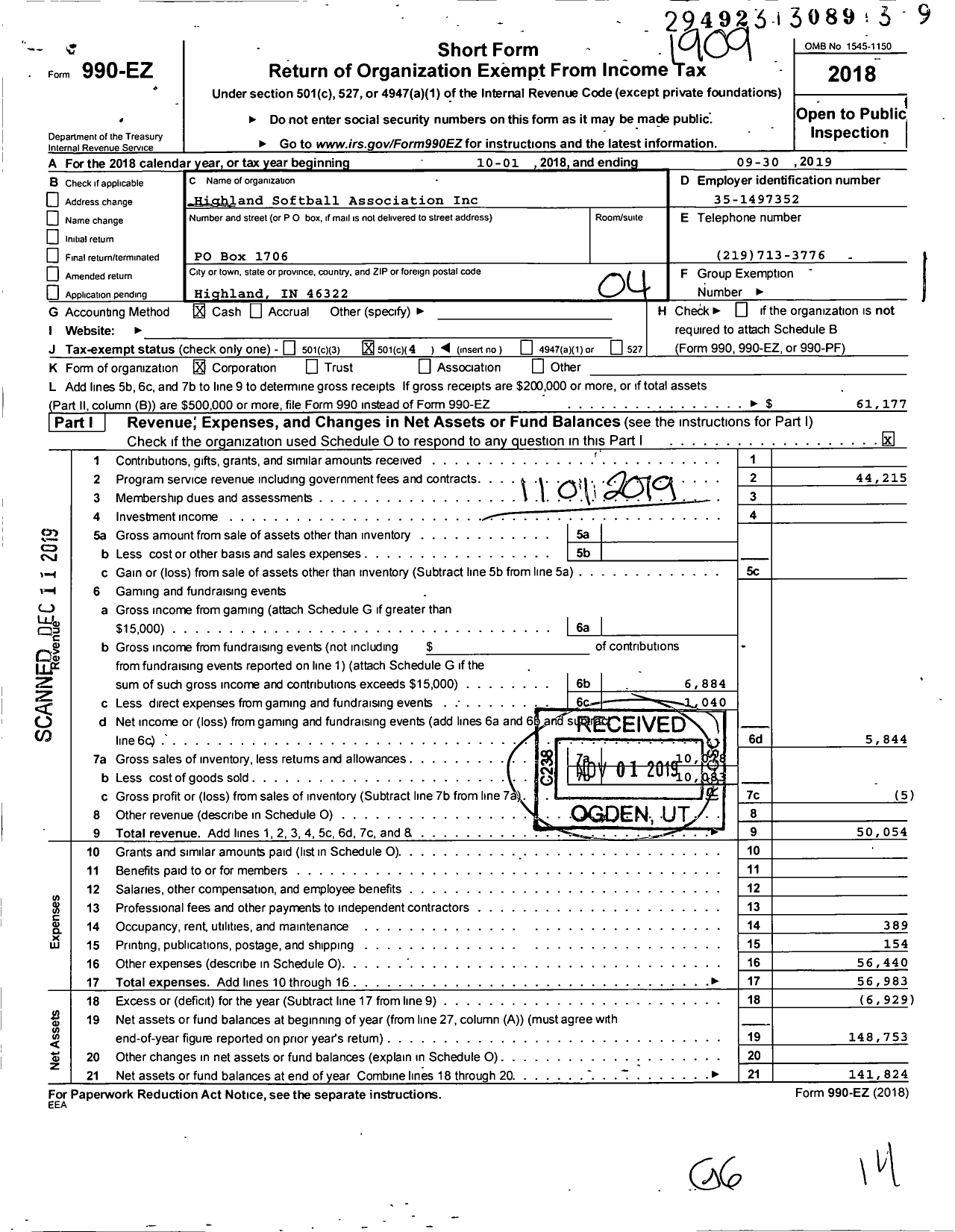 Image of first page of 2018 Form 990EO for Highland Softball Association