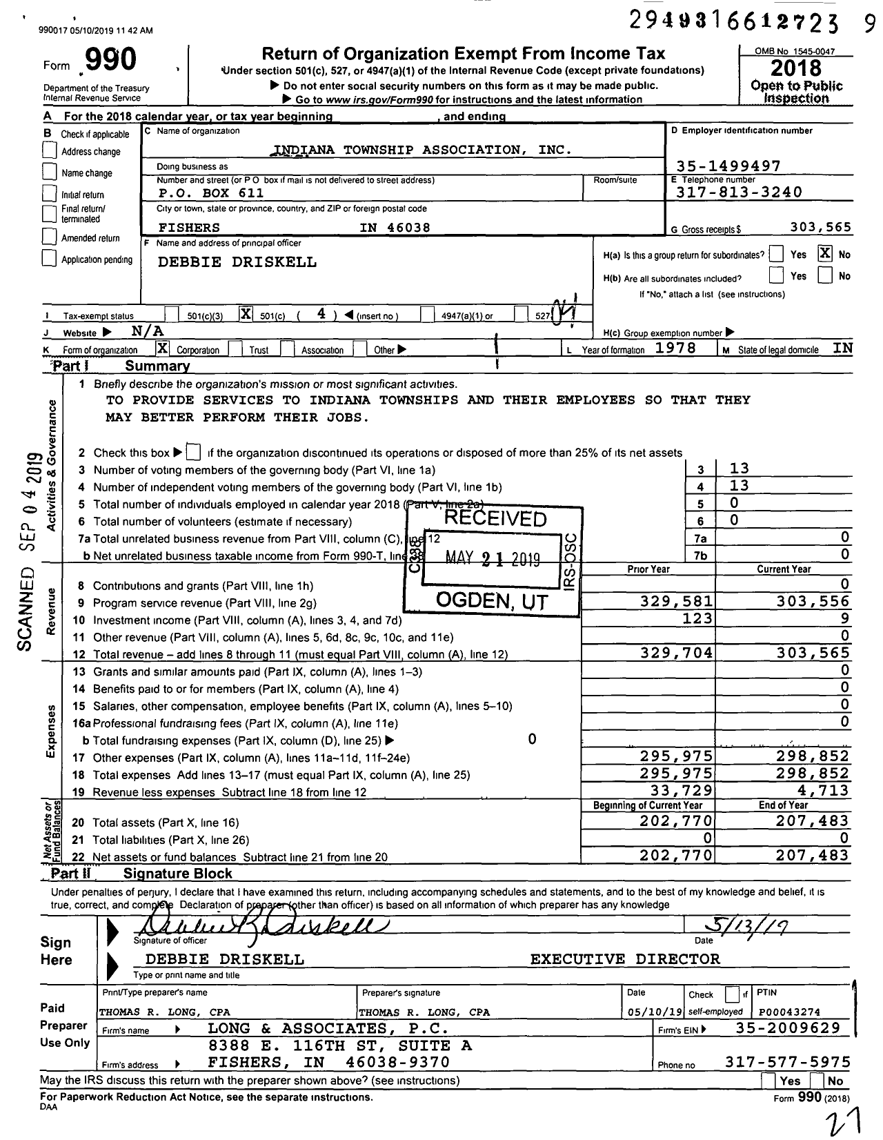 Image of first page of 2018 Form 990O for Indiana Township Association