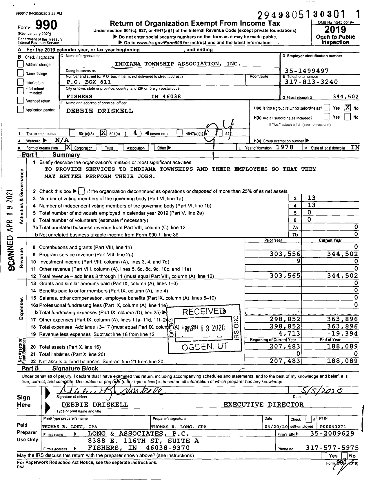 Image of first page of 2019 Form 990O for Indiana Township Association