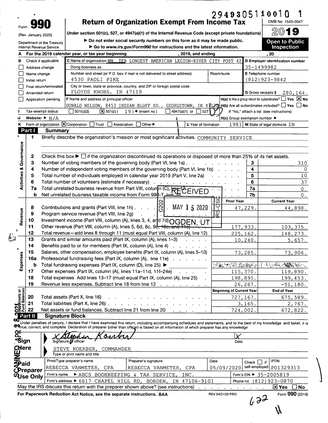Image of first page of 2019 Form 990 for WM Zeb Longest American Legion River City Post 42