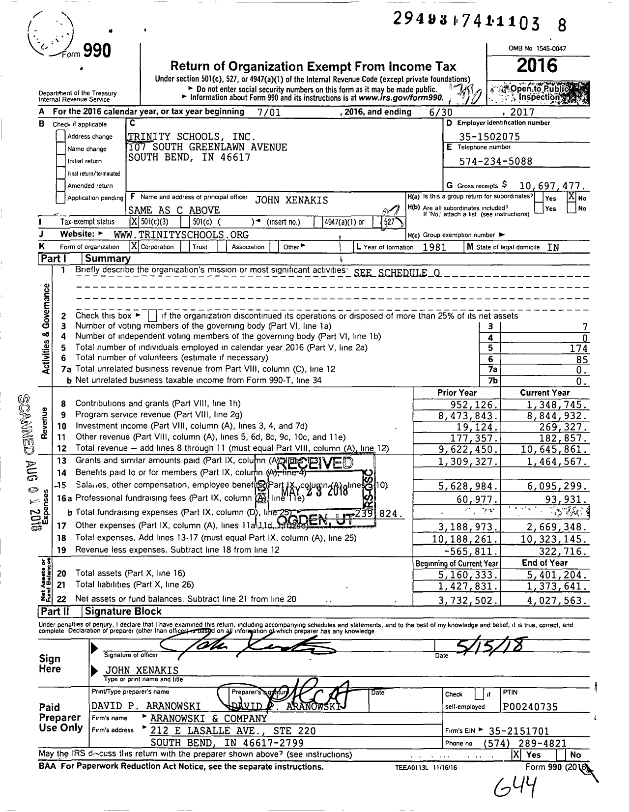 Image of first page of 2016 Form 990 for Trinity Schools