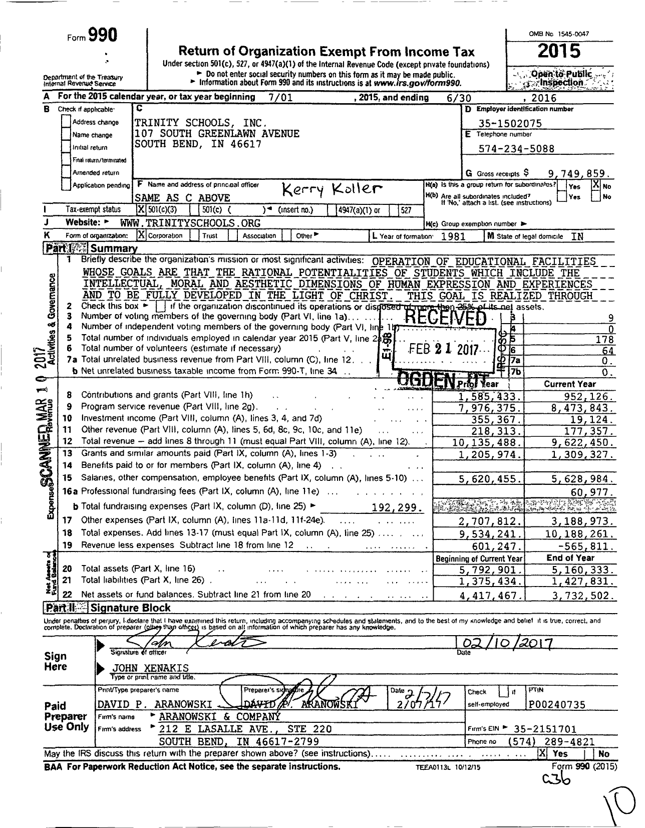 Image of first page of 2015 Form 990 for Trinity Schools