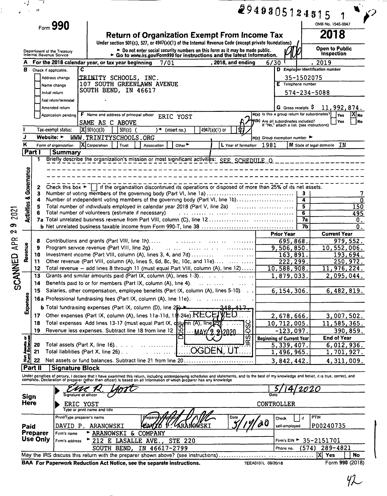 Image of first page of 2018 Form 990 for Trinity Schools