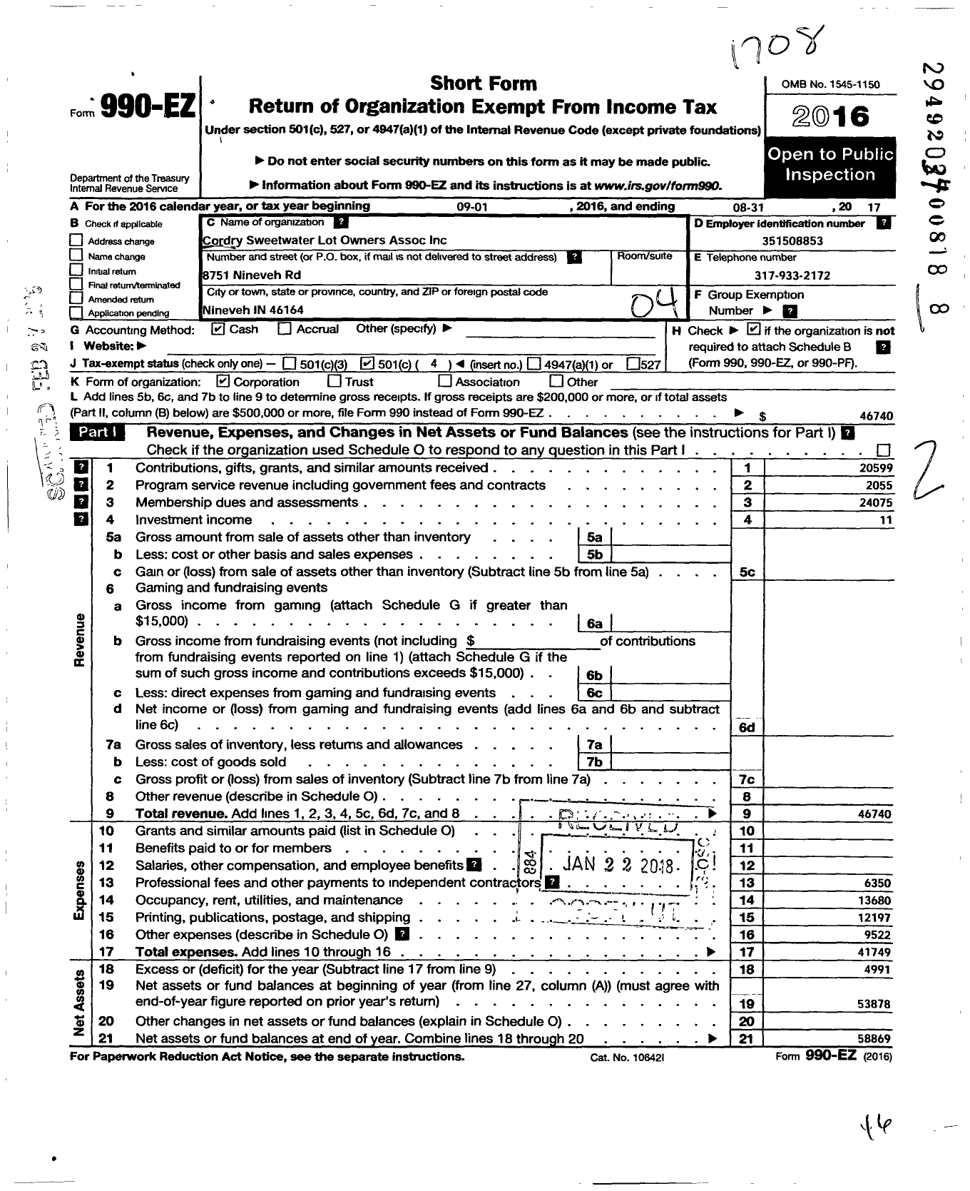 Image of first page of 2016 Form 990EO for Cordry Sweetwater Lot Owners Assn