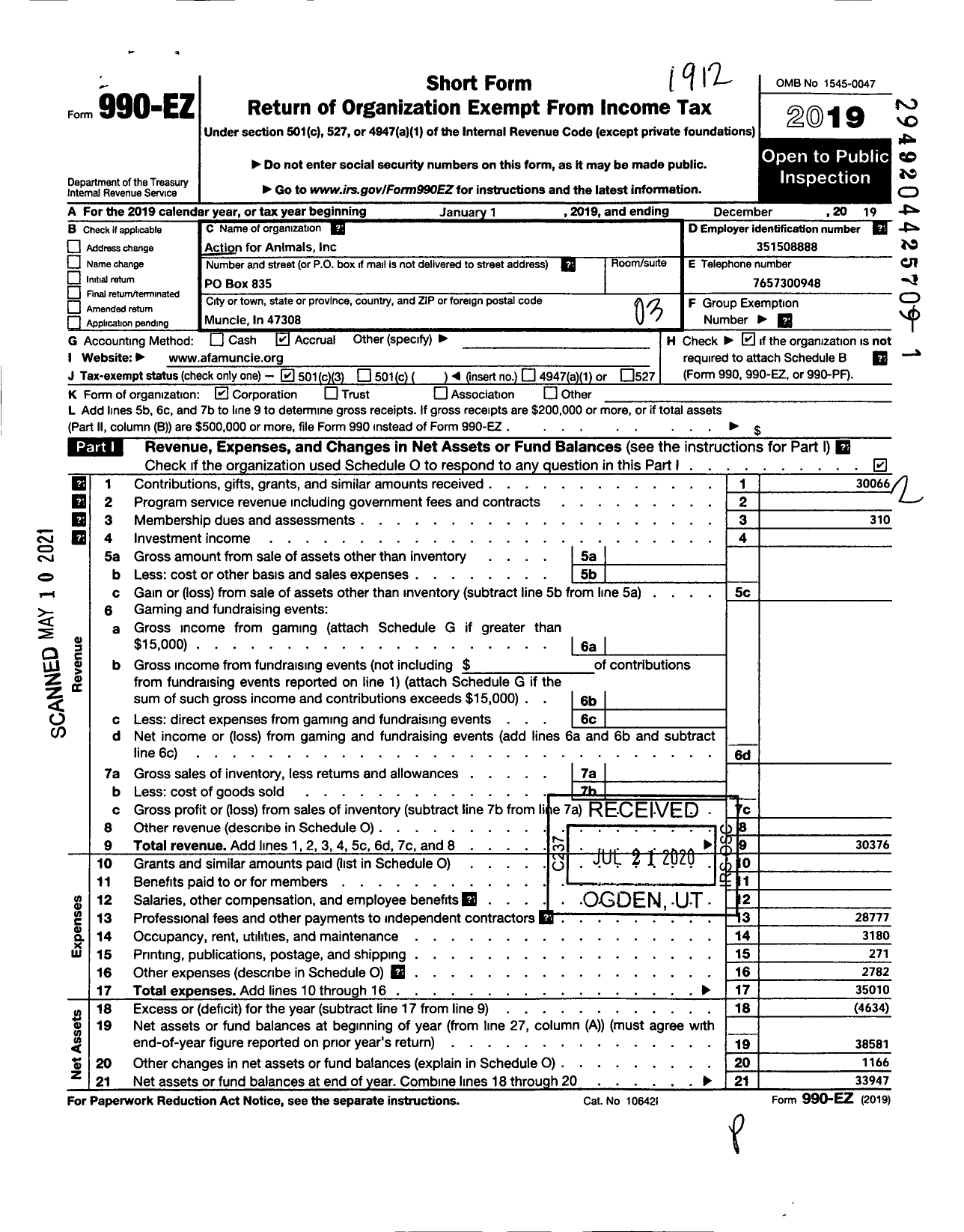 Image of first page of 2019 Form 990EZ for Action for Animals