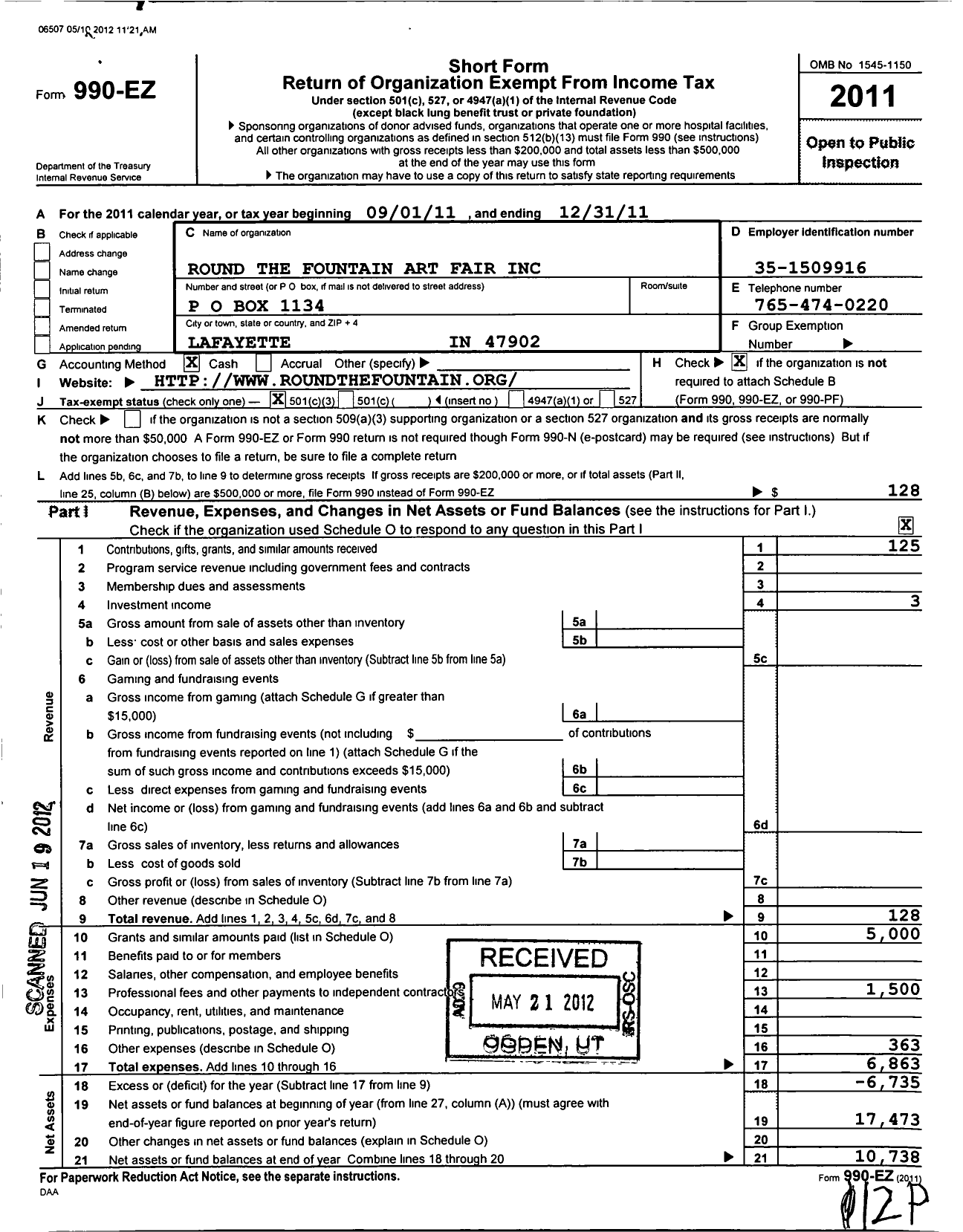 Image of first page of 2011 Form 990EZ for Round the Fountain Art Fair