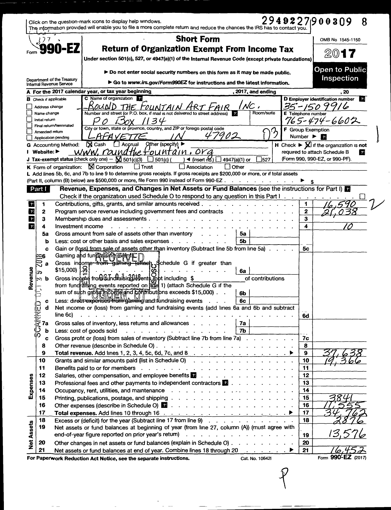 Image of first page of 2017 Form 990EZ for Round the Fountain Art Fair