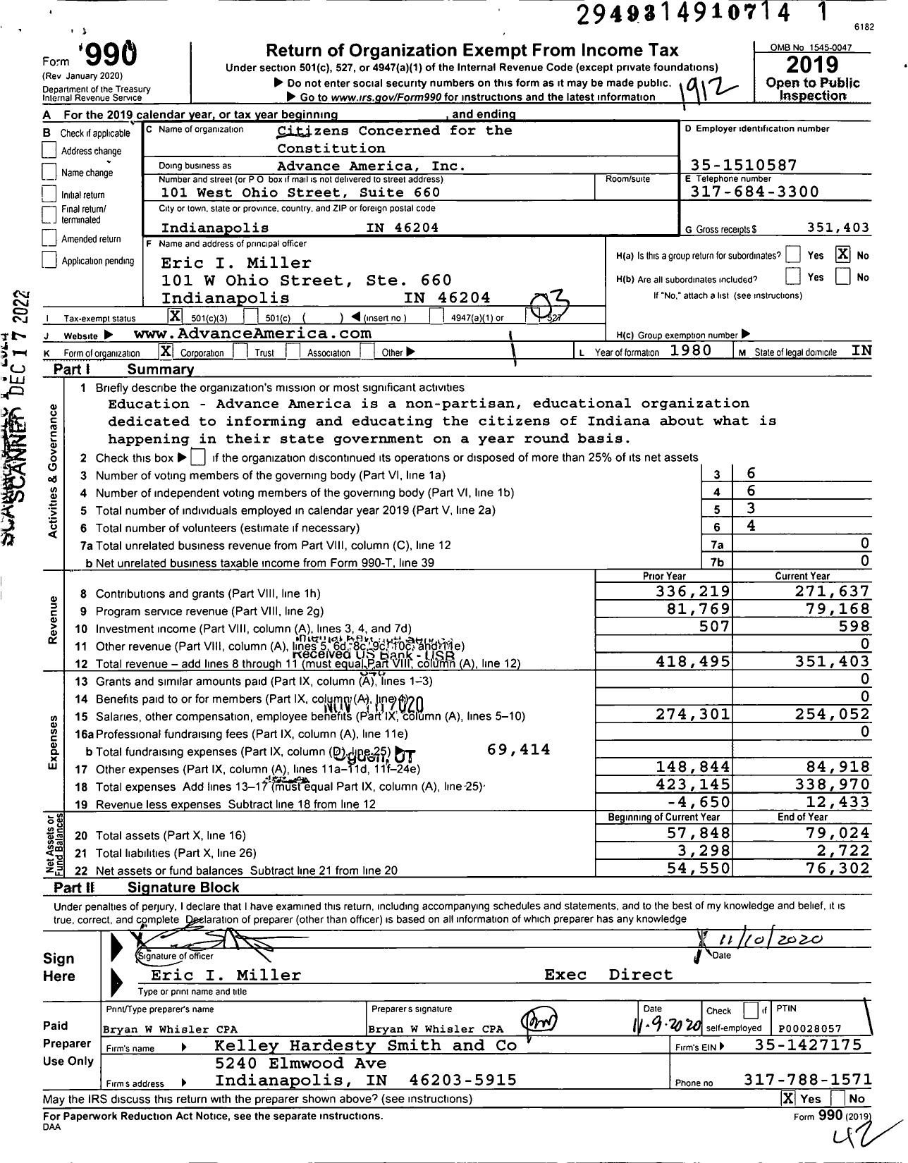 Image of first page of 2019 Form 990 for Advance America