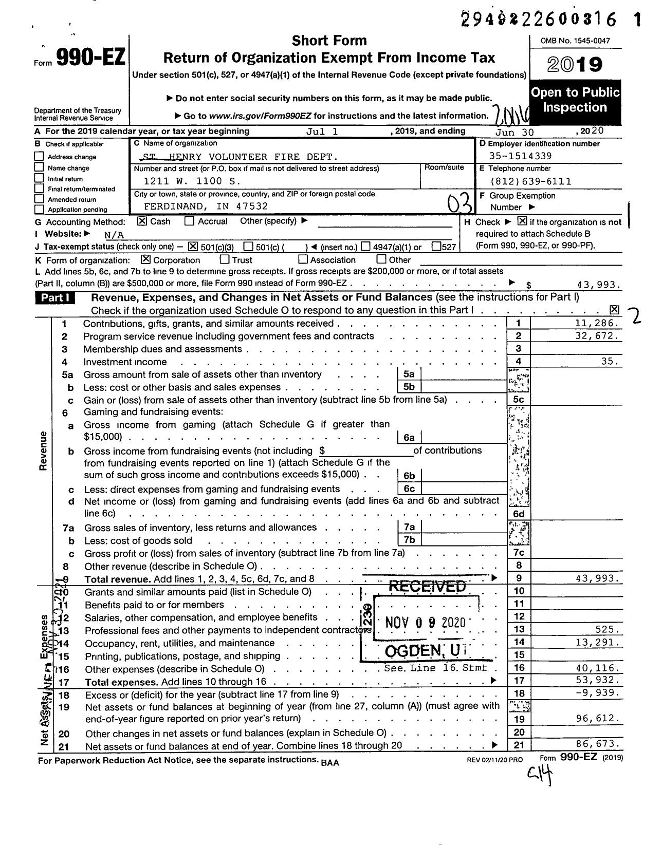 Image of first page of 2019 Form 990EZ for St Henry Volunteer Fire Department