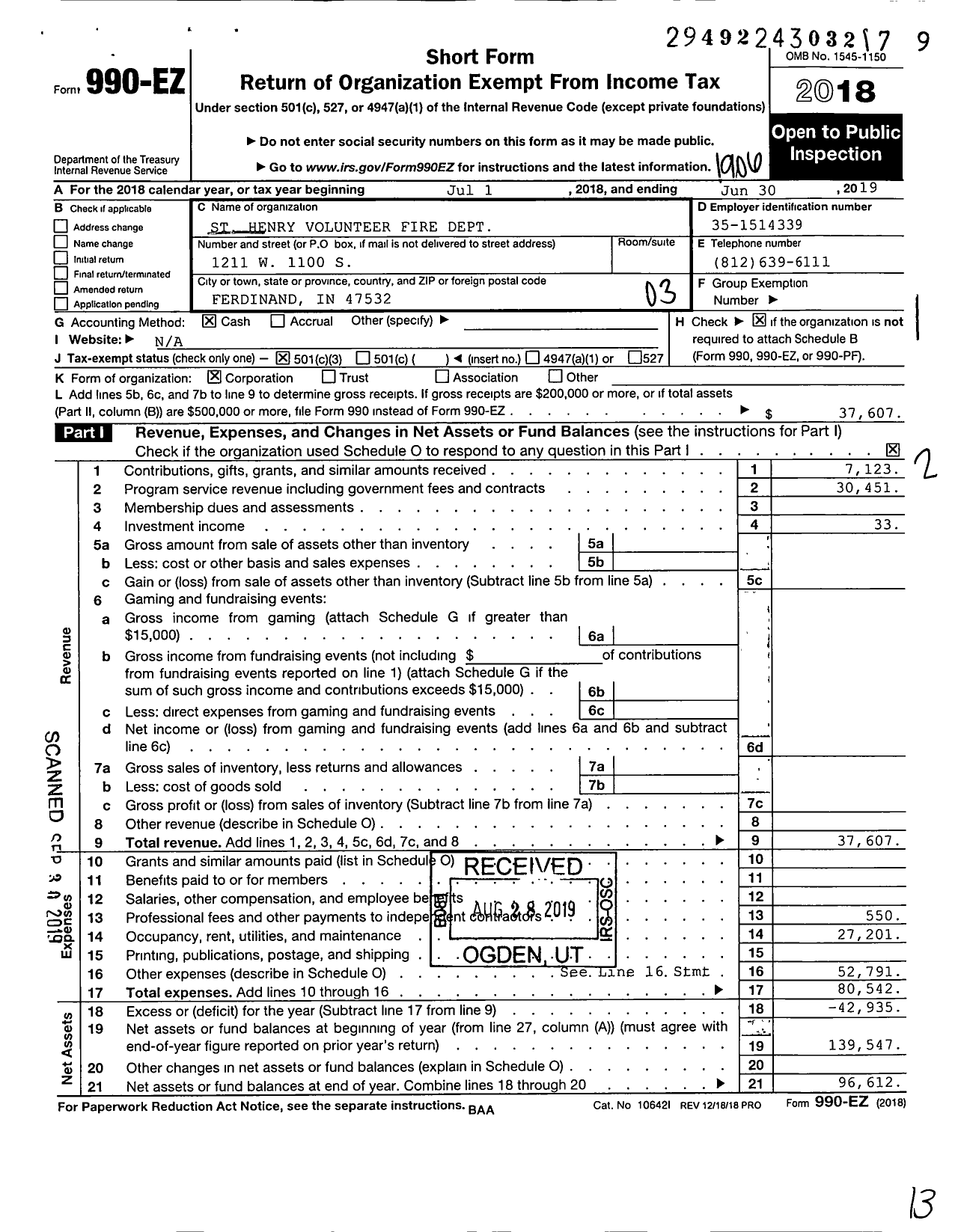 Image of first page of 2018 Form 990EZ for St Henry Volunteer Fire Department